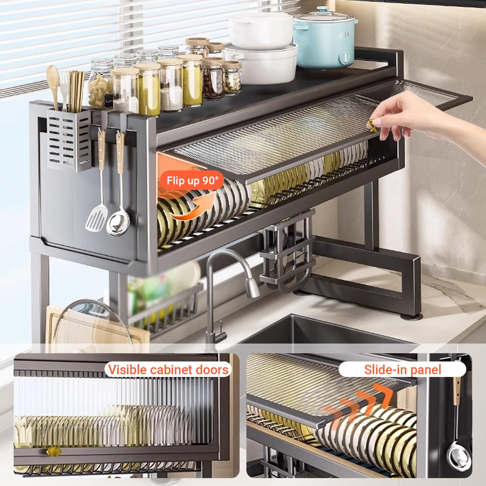 Escurridor de platos sobre el fregadero, organizador de almacenamiento de 3 niveles con puerta abatible transparente para platos, vasos, cuencos, cubiertos, estante grande para fregadero de cocina