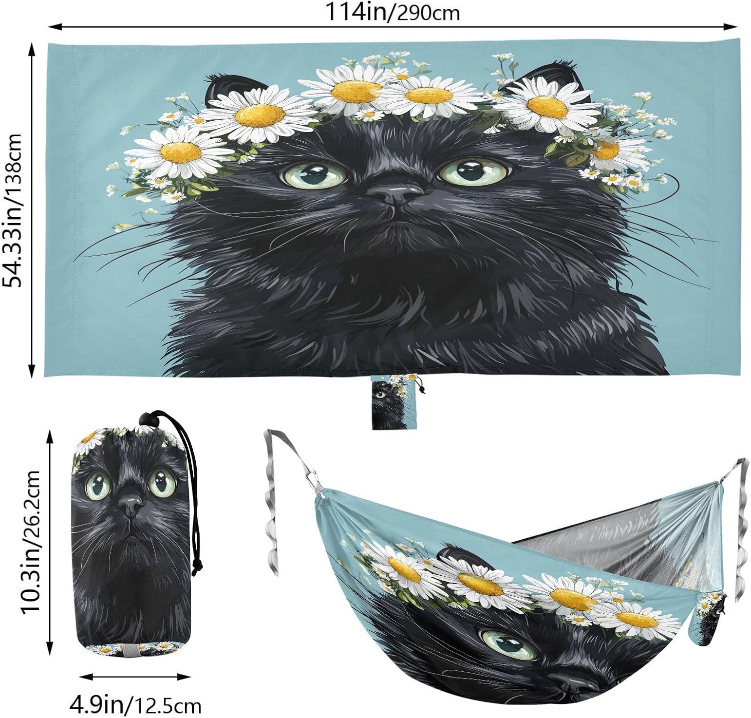 Cute Cat White Daisies Camping Hammock Single Portable Hammocks 330 lbs Capacity with 2 Tree Straps and Attached Carry Bag,Perfect for Outdoor,Indoor,Beach,Camping,Travel