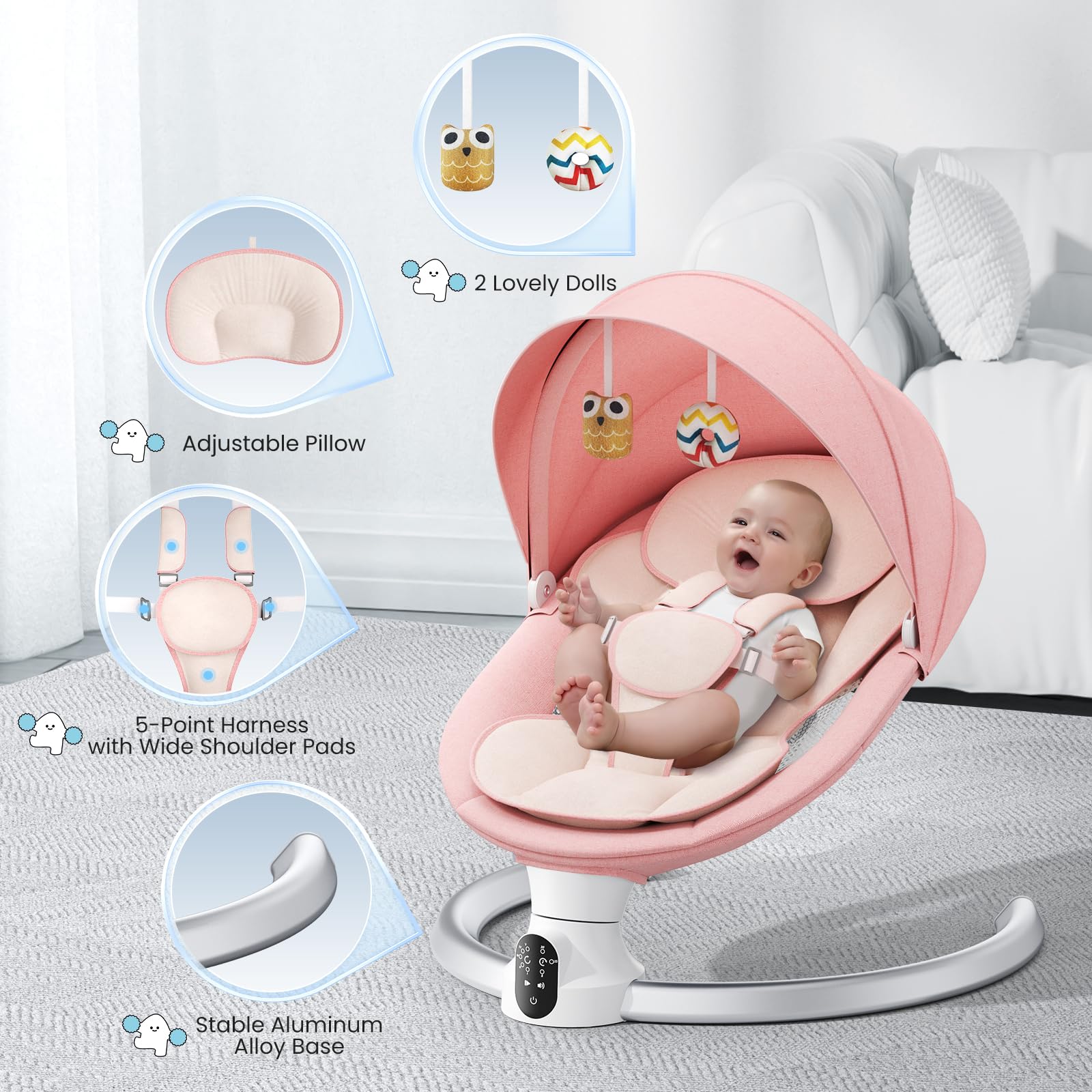 Helangel Altalena per neonati, dondolo elettrico per bambini con app e telecomando, imbracatura a 5 punti aggiornata, 10 musiche Bluetooth e 5 velocità, resiste a 9 kg