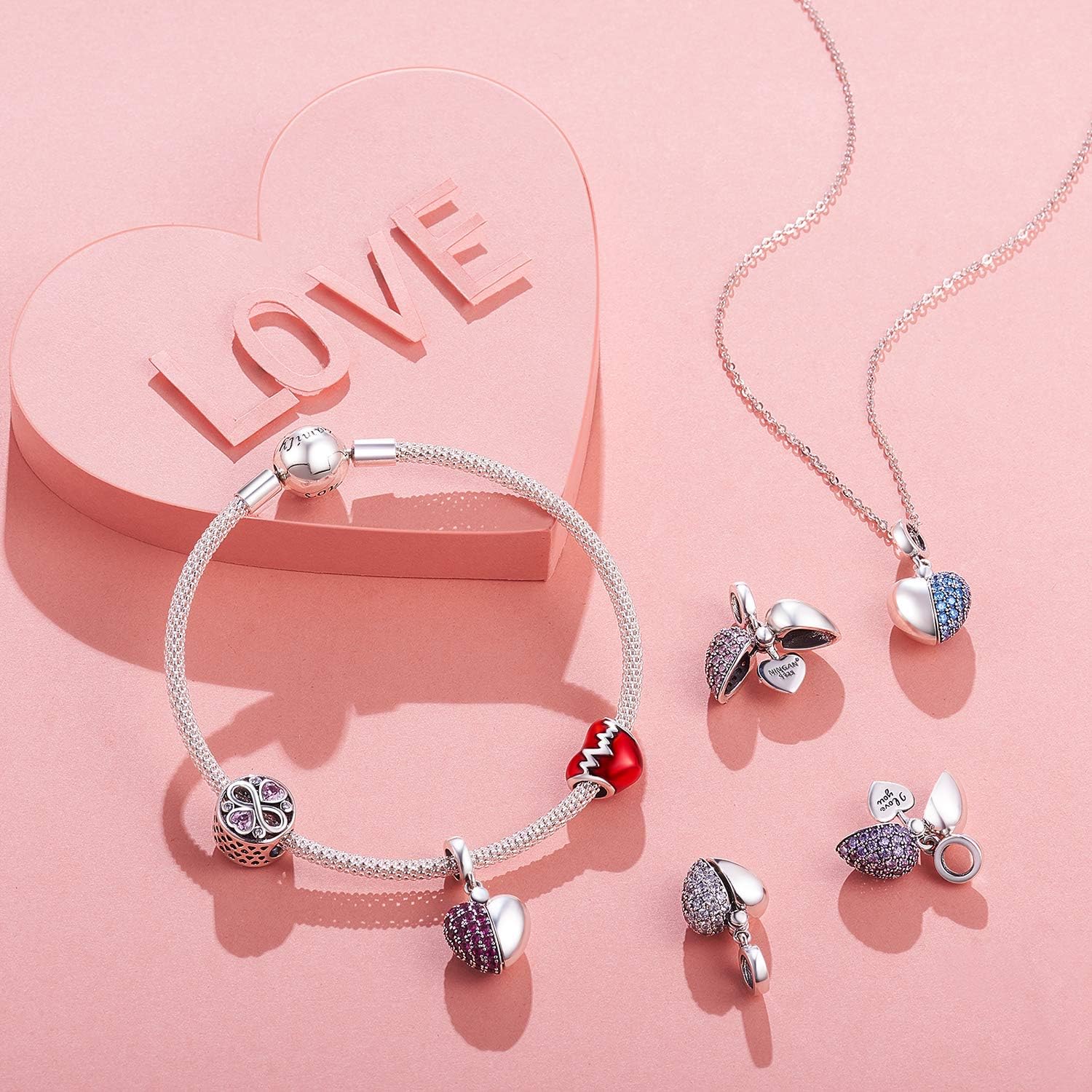 NINGAN Serie d'amore in argento 925 Pendente con perline Regalo di compleanno di San Valentino Adatto per collana di braccialetti da donna