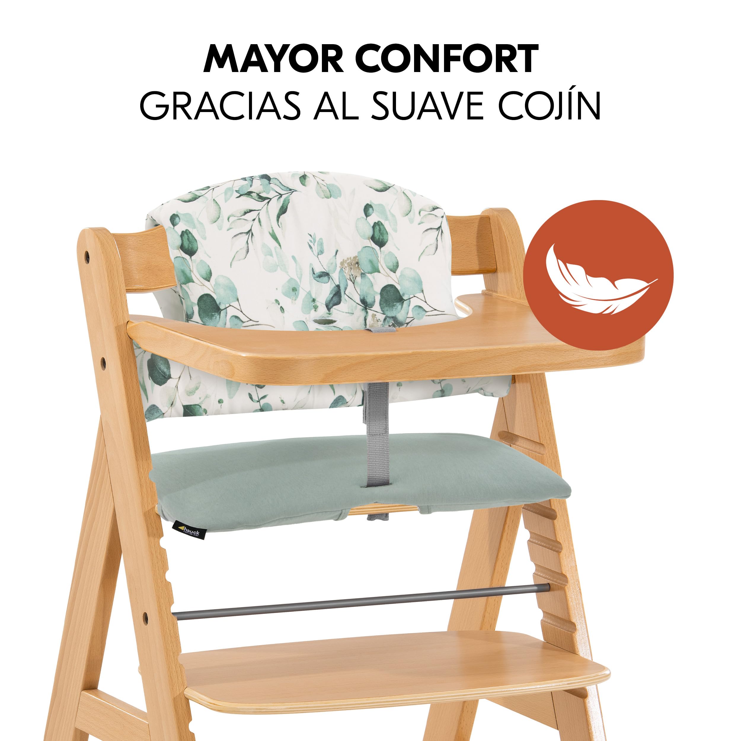 hauck Alpha Plus Move Set de Tronas de Bebe de Madera con Bandeja - Cojín y 2 Platos de Silicona - Silla Evolutiva con Ruedas - Natur/Leaves Mint