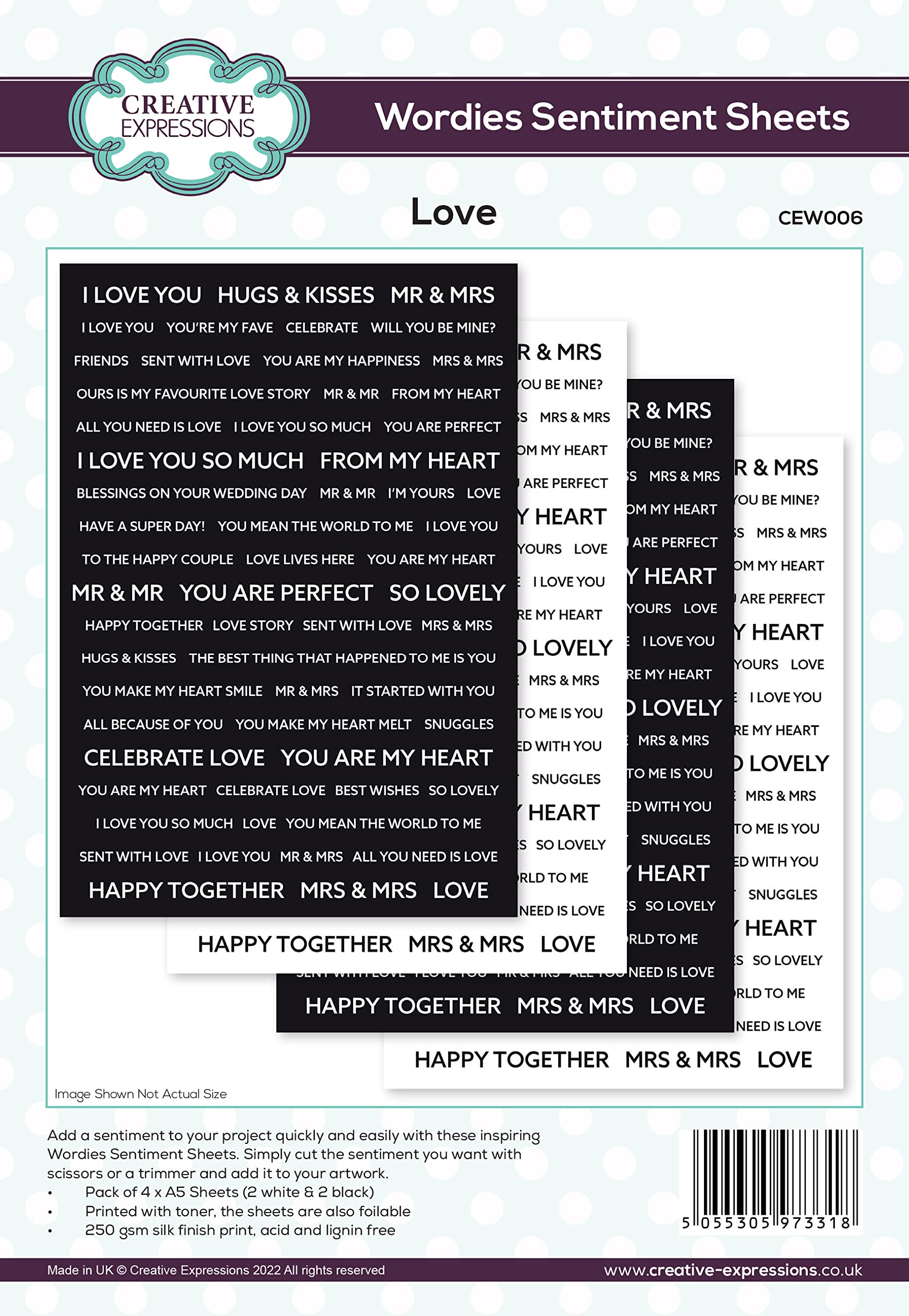 Creative Expressions Black And White Wordies Sentiment Sheets - Love