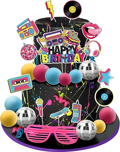 Hooqict 26 piezas de decoraciones de pasteles de los años 80 y 90, decoraciones retro de los años 80 de hip hop con bolas de purpurina para cupcakes