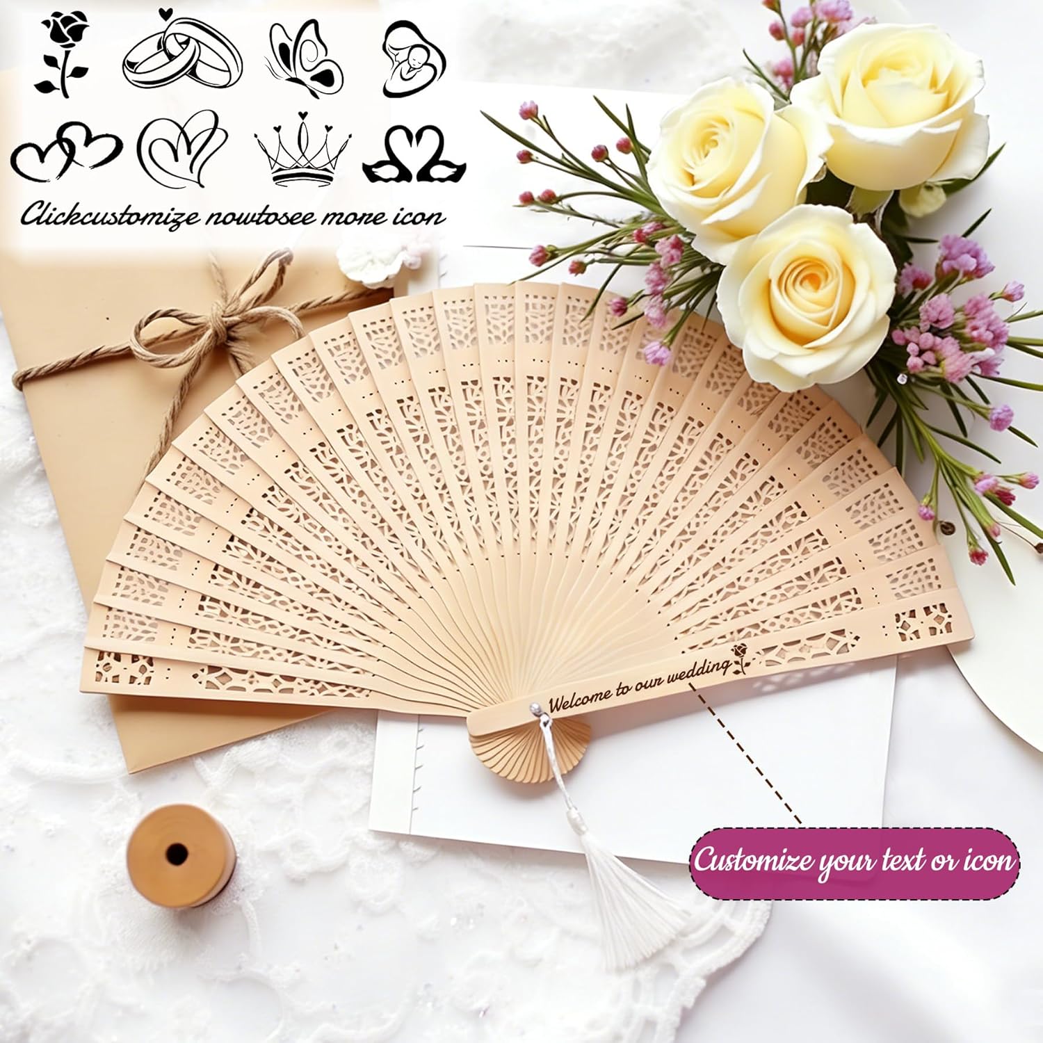 MOSADO 10-500Pcs Personalized Wedding Fans for Guests Bulk Custom Fan Wooden Folding Hand, for Wedding Graduation Birthday Party Guest (50)