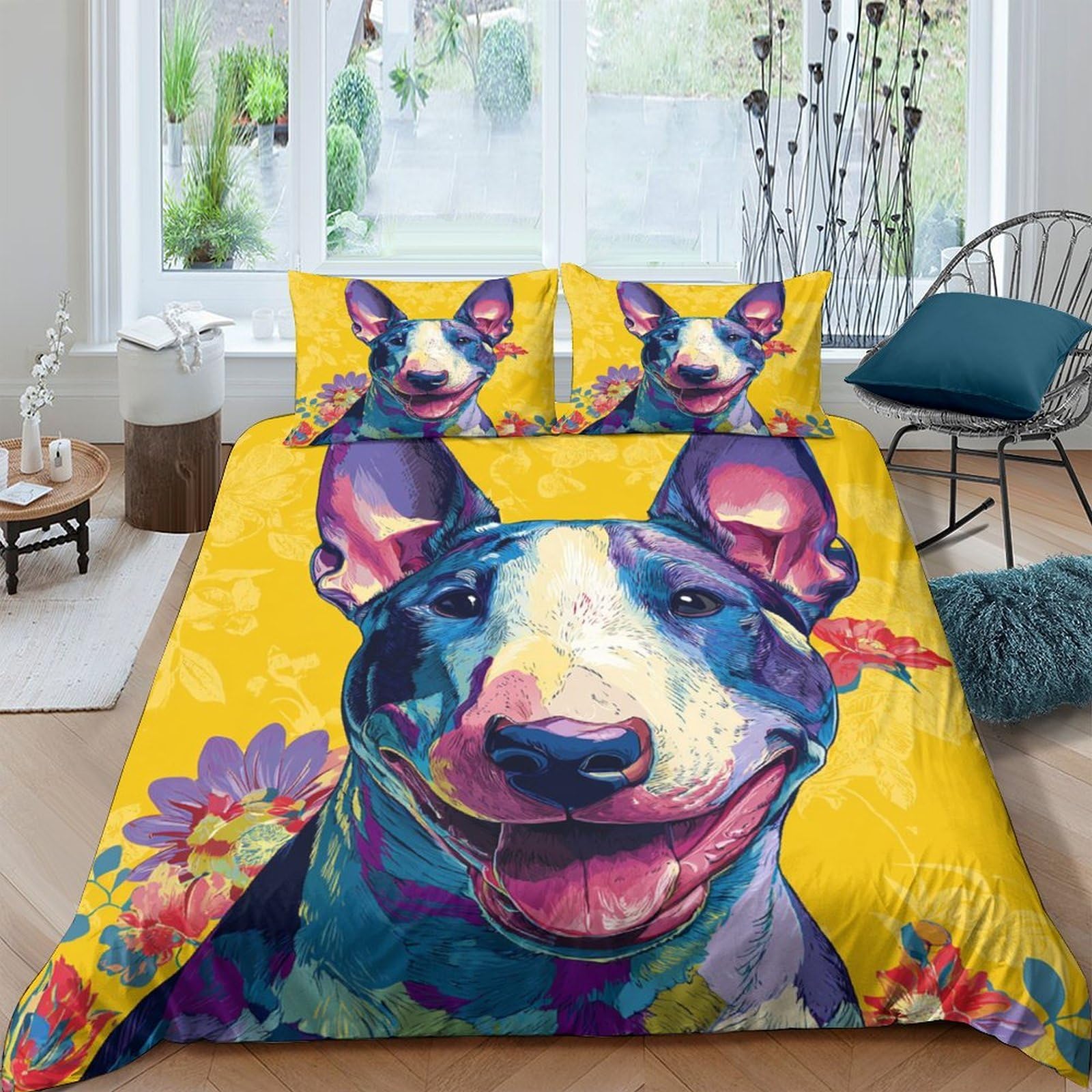 Ctjqhvkz Style-3 3D Printed Colorful Bull Terrier Fitted Sheet Microfiber Soft Yellow Artistic Dog Bed Cover For Bedroom Guest Room Decor Single（135X200cm）