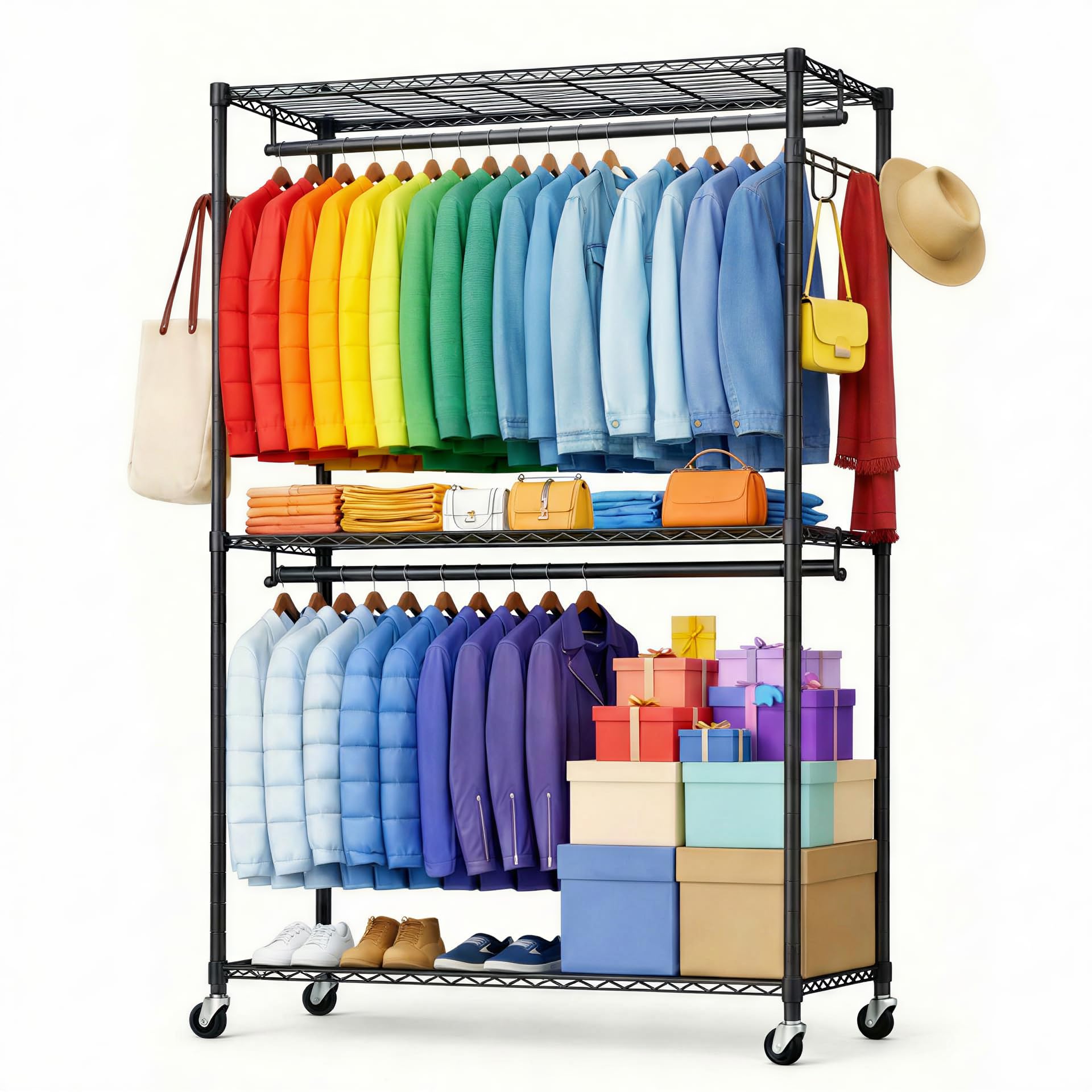 Heavy Duty Clothes Rack Sturdy Carbon Steel Rolling Garment Rack with Lockable Wheels Adjustable Shelves Hooks Free Standing
