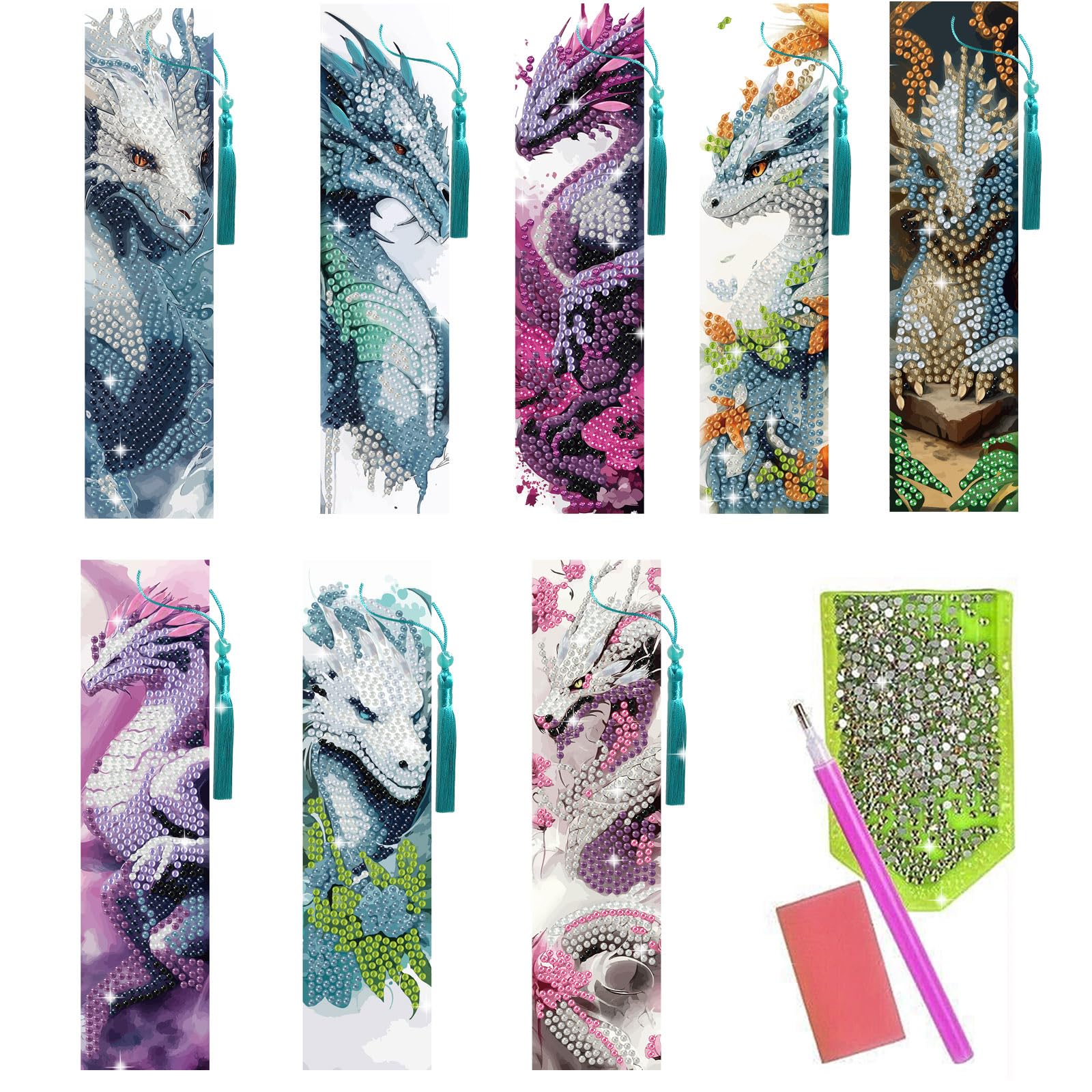 beinkmake 8Pcs Dragon Diamond Art Bookmarks Books Diamond DIY Painting Bookmarks Anime Dragons Rhinestones Beaded Acrylic Tassel Bookmark for Adult Beginner Crafts
