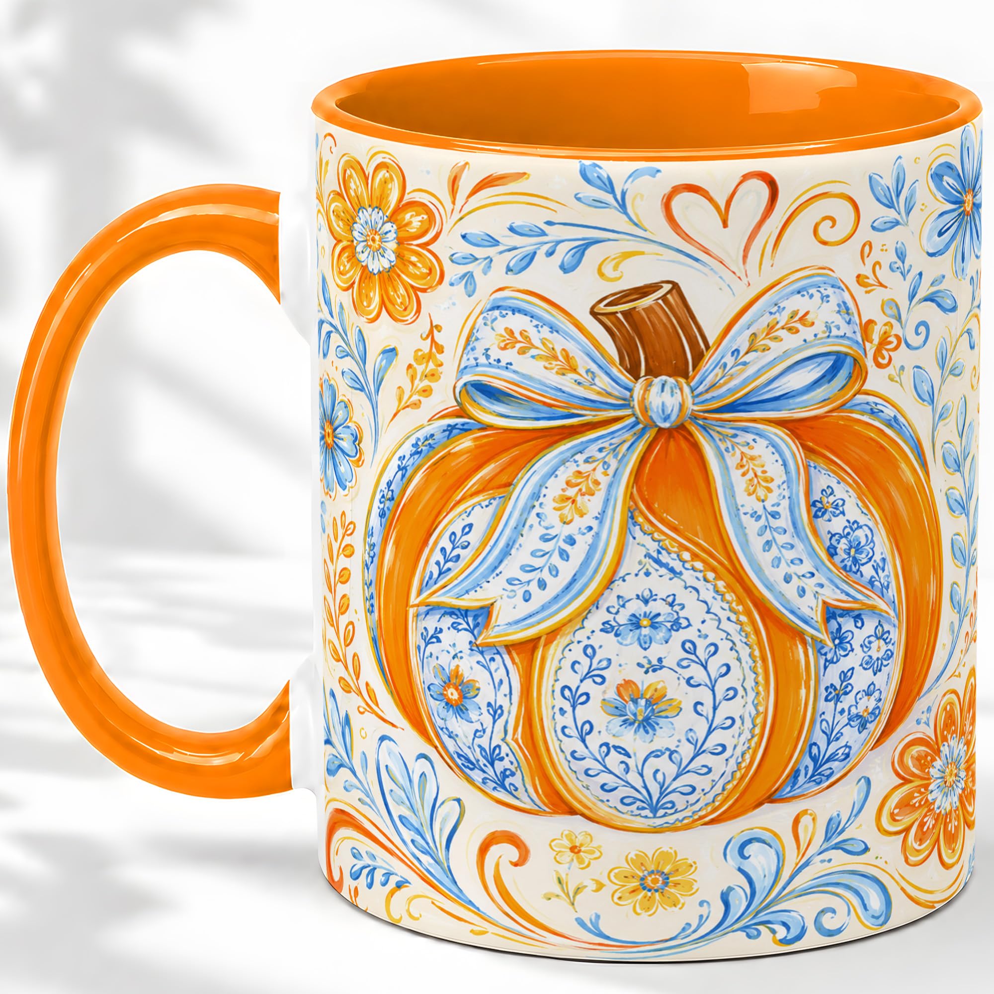 Blue Floral Pumpkin Accent Mug, 11oz Ceramic Coffee Cup for Fall Decor