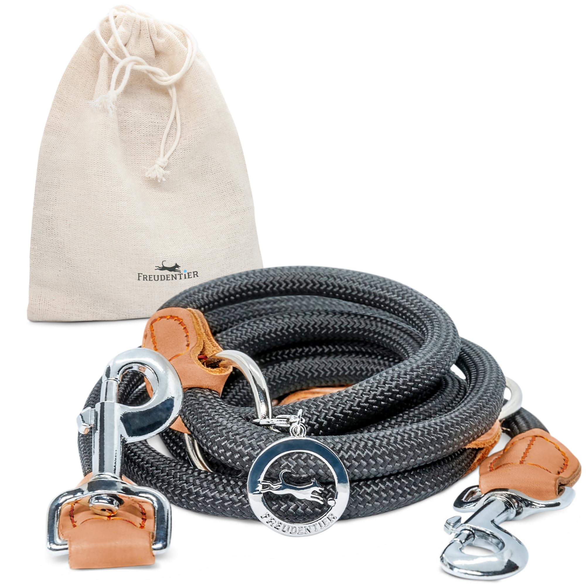 Laisse pour chien 2m réglable FREUDENTIER en nylon noir et cuir marron