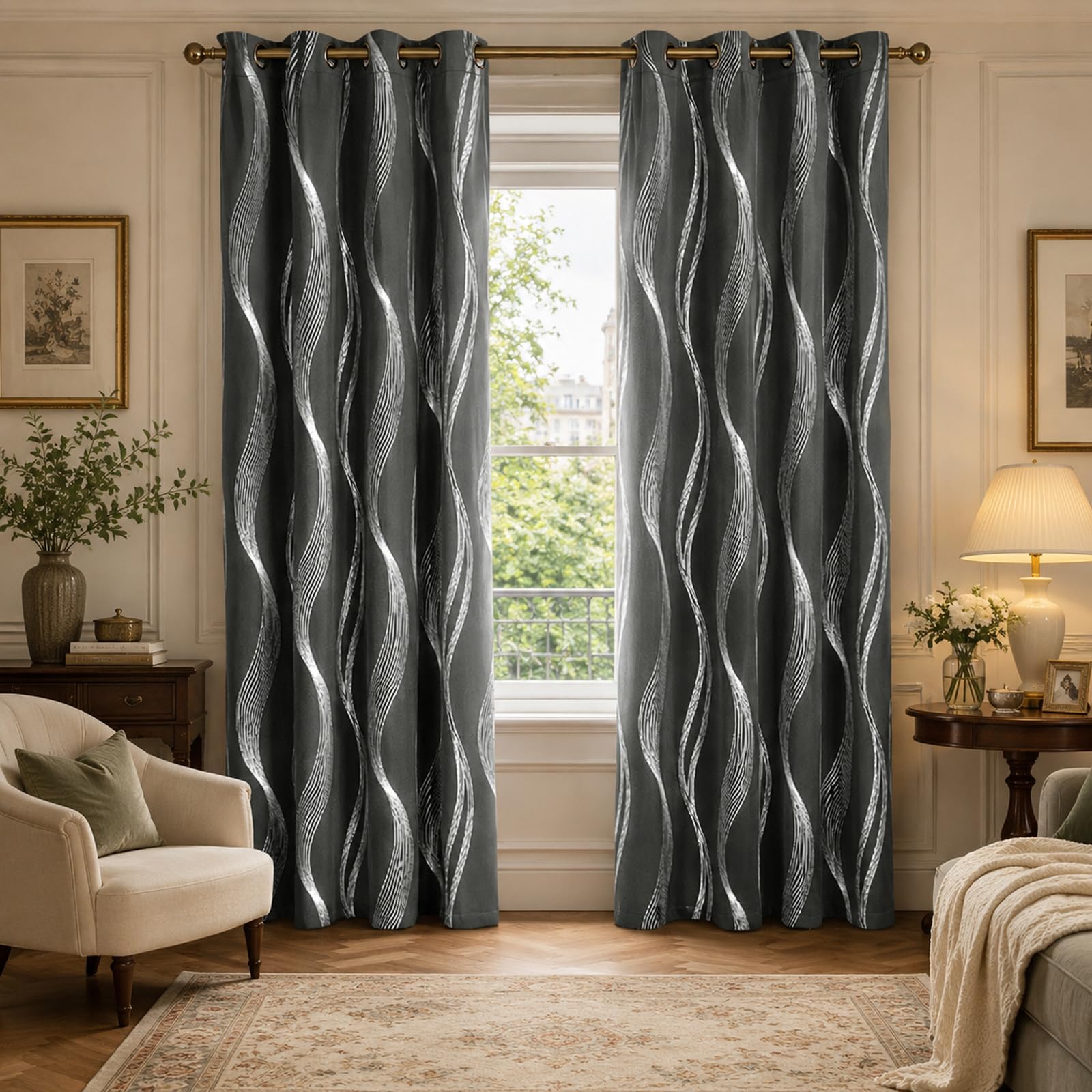 Blackout Curtains for Bedroom, Wave Line Thermal Insulated Eyelet Curtains Room Darkening Window Drapes for Living Room Privacy Protection(Size:100*250cm/39"W*98"L (2 Panels),Color:Dark Grey)