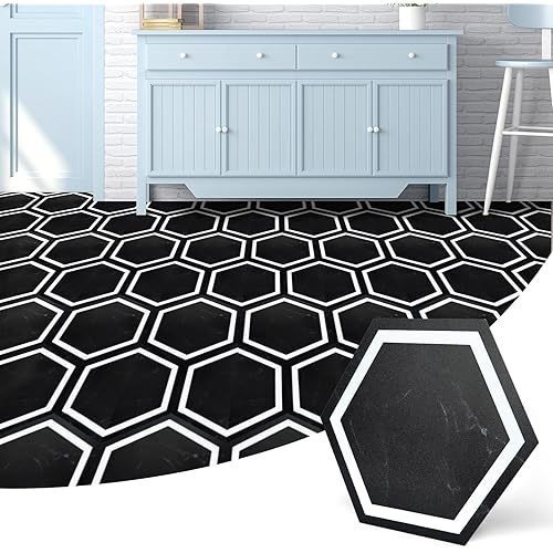 Art3d 30-Pack Hexagon Peel and Stick Flooring Tile Marble Look, Self Adhesive Waterproof Vinyl Floor Tile for Kitchen Bathroom Living Room Bedroom, 11.8" x 10.2" Black Marble