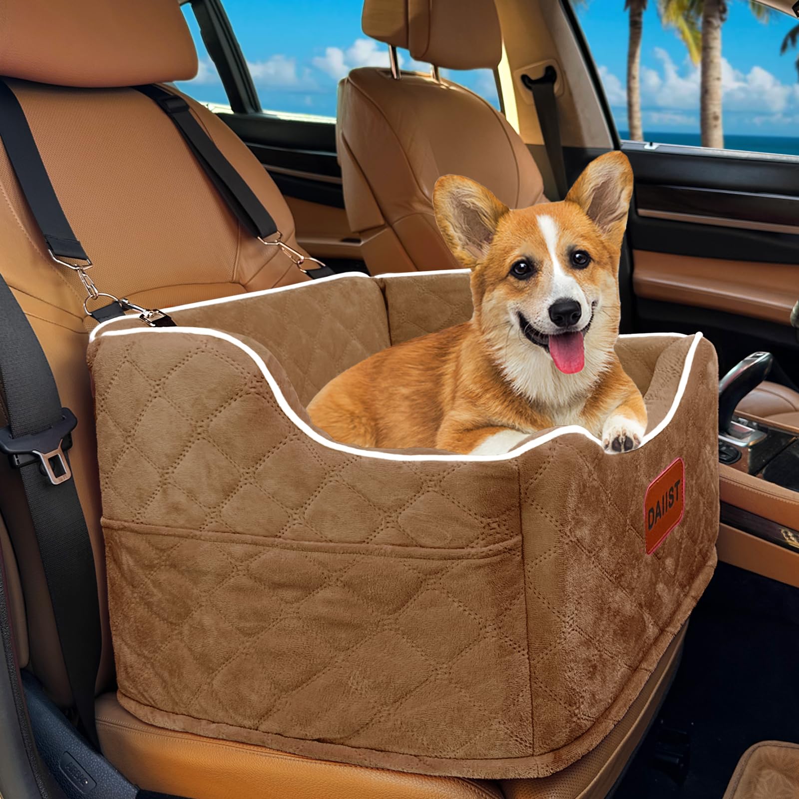 Dog Car Seat for Small Dogs, Memory Foam Dog Booster Seat for Medium Dogs Under 35lbs, Detachable and Washable Elevated Pet Car Seat with Storage Pockets (Khaki, One Size)
