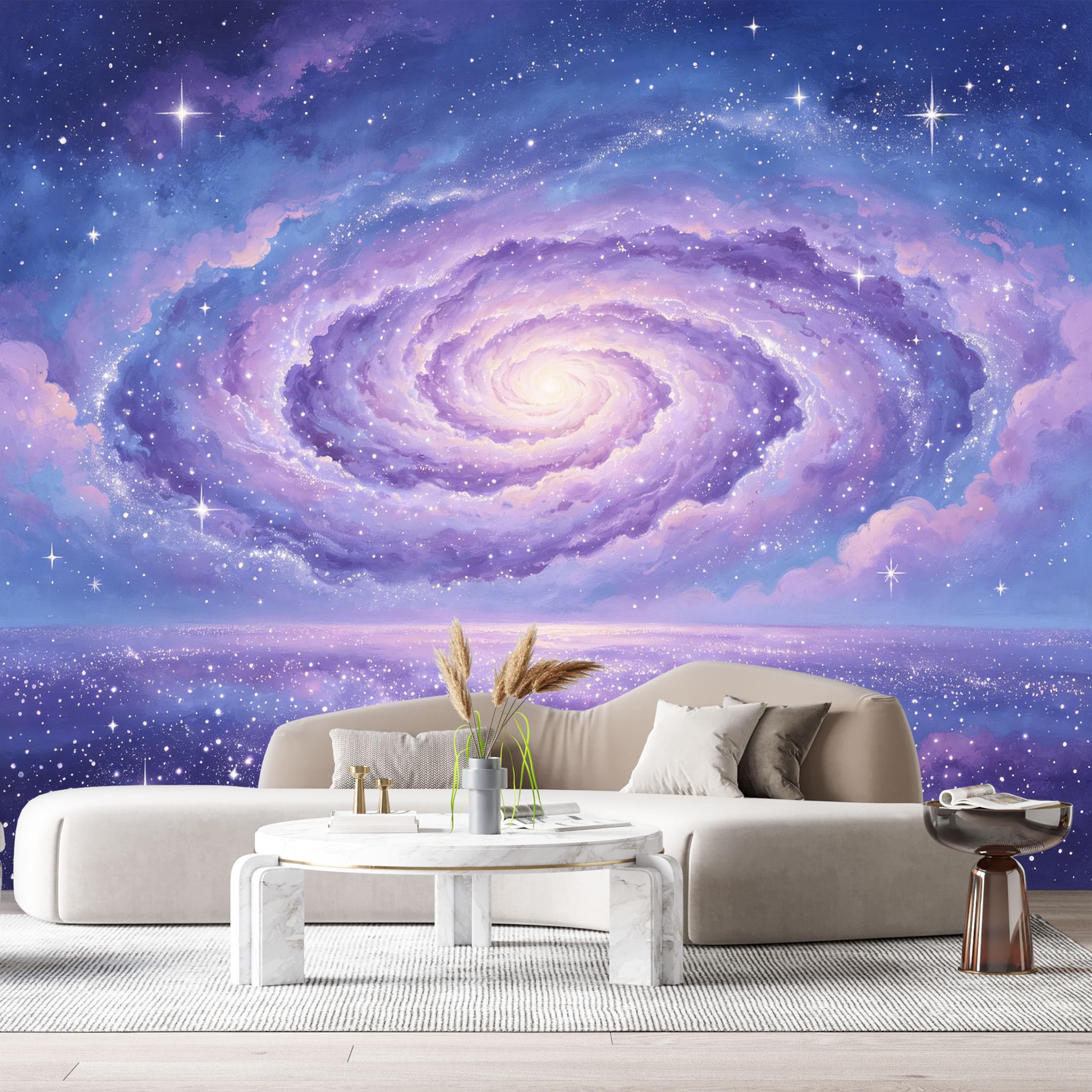 Custom Size Wall Murals Purple Galaxy Nebula Watercolor Stars Horizon Reflection SelfAdhesiveWall Fabric Removable Wallpaper Wall Decor for Living Room Bedroom Bathroom