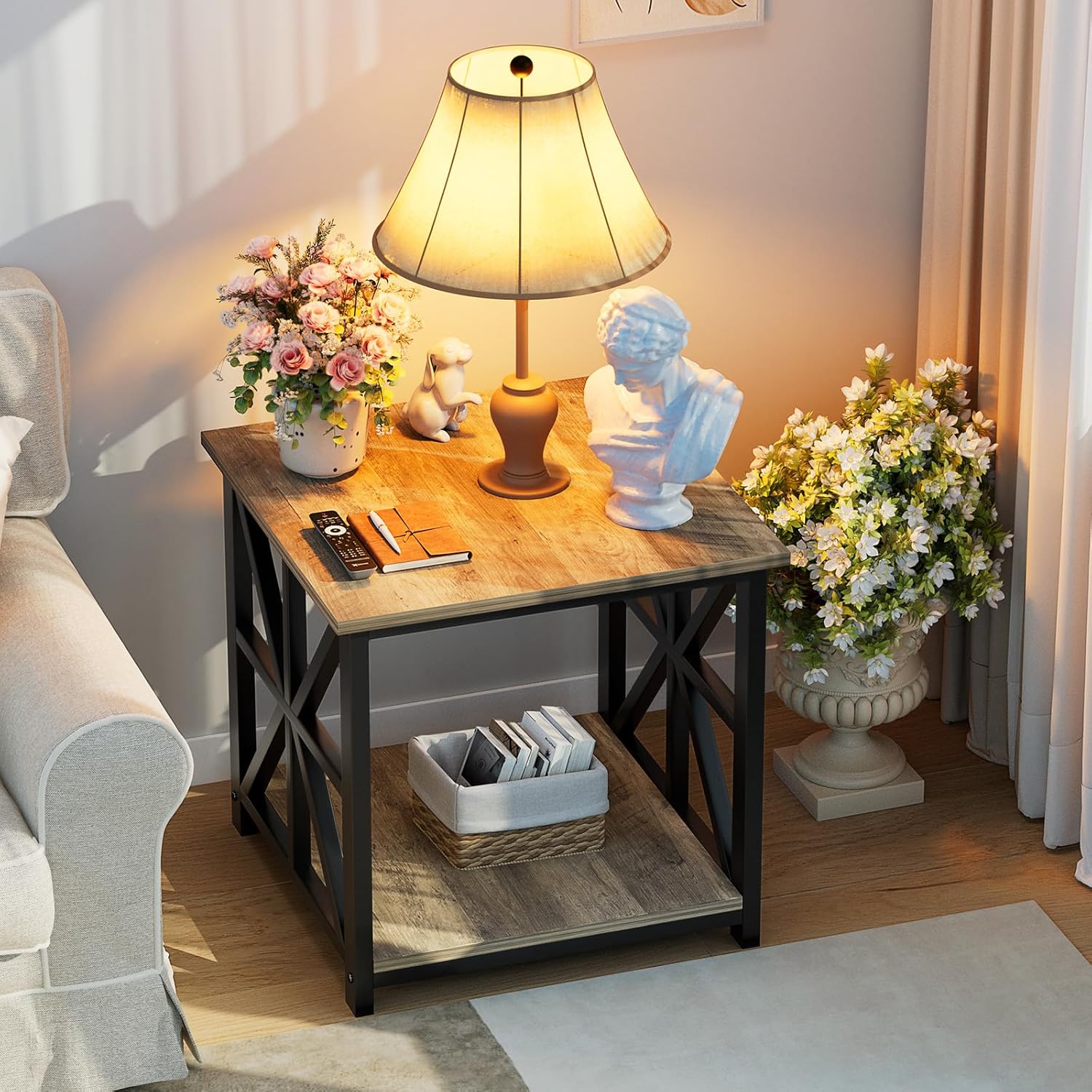 GreenForest End Table with 2-Tier Storage Shelf, 24 inch Large Side Table for Living Room,Modern Nightstand for Bedroom Bedside Office Farmhouse, Grey Wash