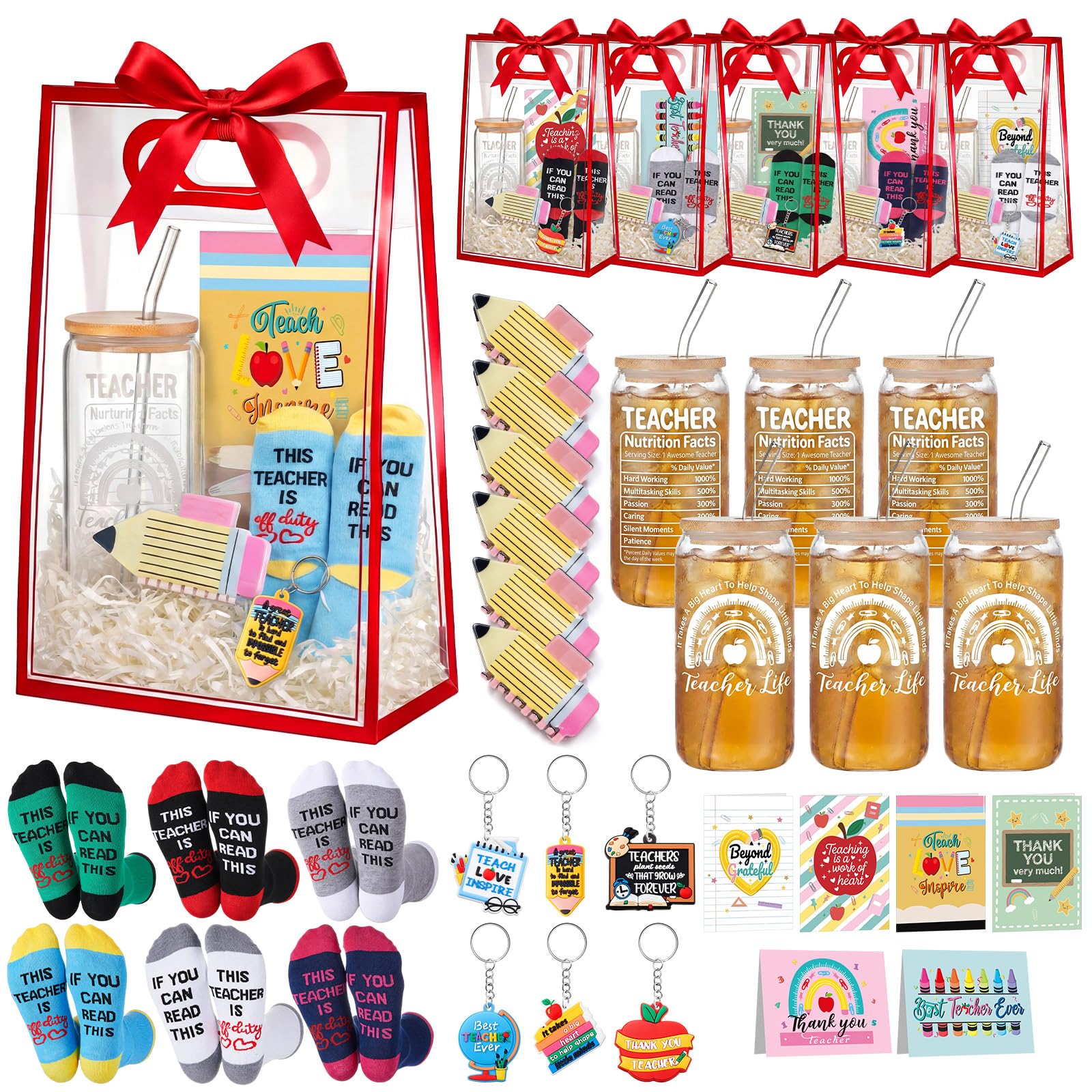 Photo 1 of Henoyso 6 Set/36 Pcs Teachers Appreciation Gifts Ready-to-Gift End of Year Graduation Thank You Gifts, 16 oz Glass Cups, Socks, Keychains, Hair Clips, Cards and Gift Bags for Teacher Appreciation Week