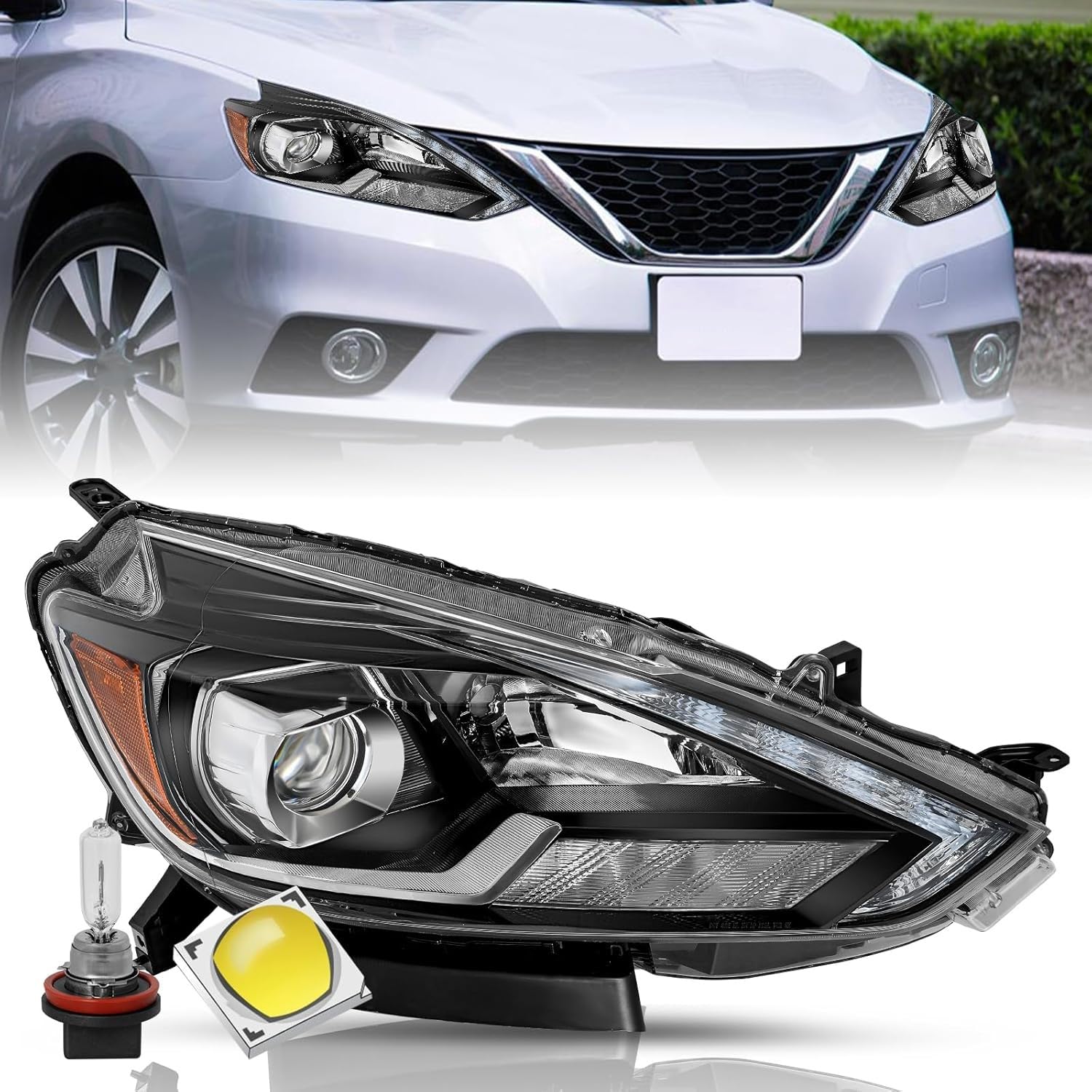 TUSDAR Headlight Assembly Compatible with 2016-2019 Nissan Sentra SL SR Projector Headlamp with DRL Passenger Right Side RH