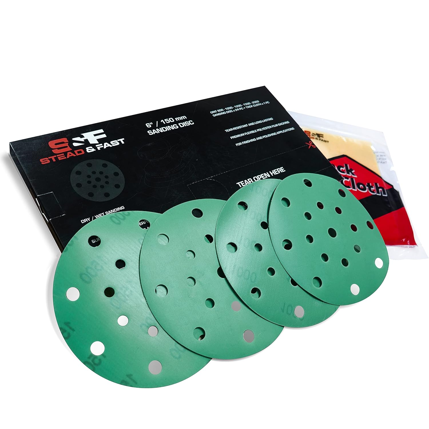 6 inch Sanding Discs Hook and Loop, 800 1000 1200 1500 2000 High Grit 24 pc, Durable Assorted Round Sand Paper Pad for Fine Sanding/Polishing with Power Orbital Sander, Tack Cloth by S&F STEAD & FAST - - 