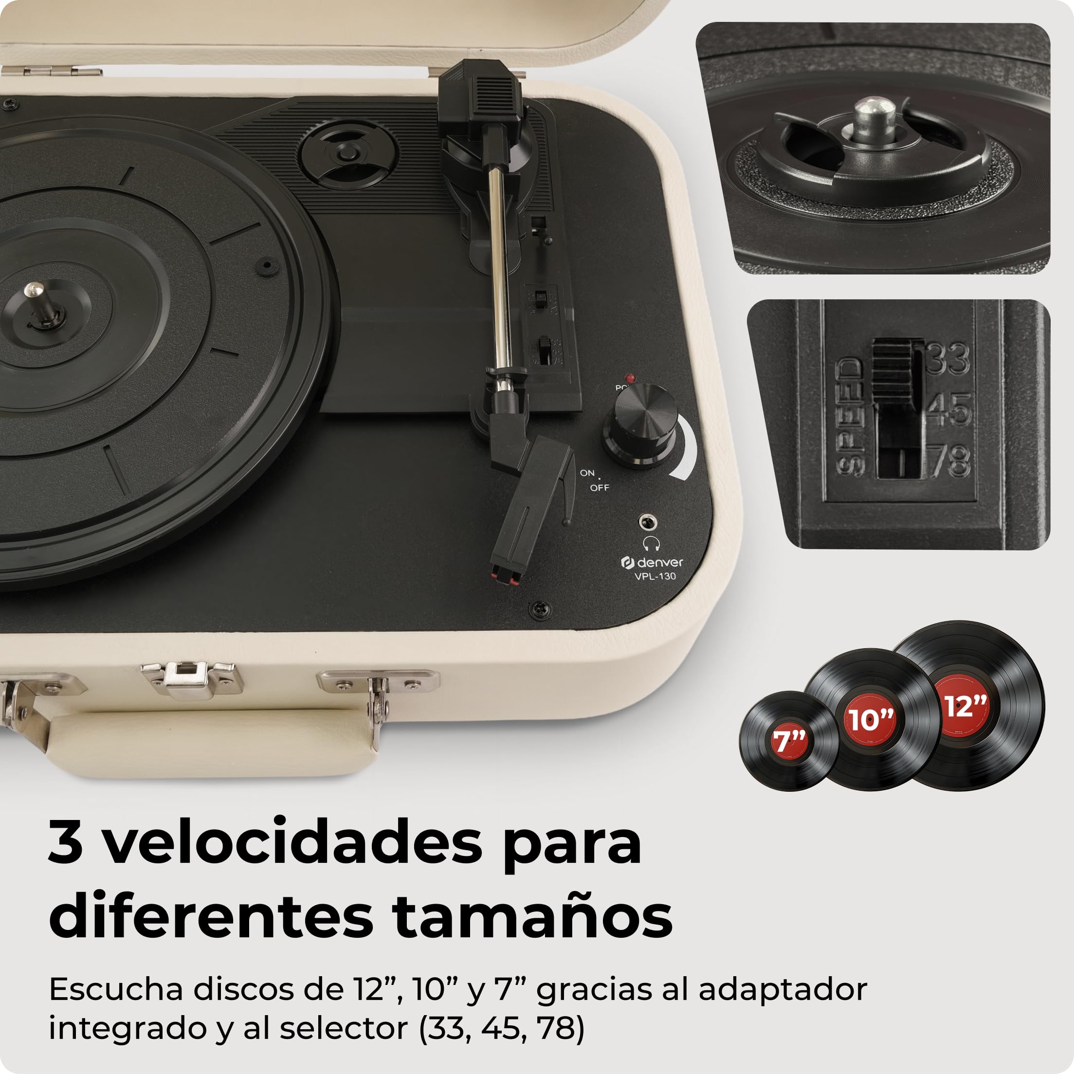 Denver VPL-130 Tocadiscos Retro Retro, 3 velocidades, Altavoces Integrados, Salida de Audio, Parada automática