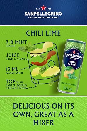 San Pellegrino Italian Sparkling Drinks Tastefully Light Sparkling Lemon & Mint Canned Soft Drink 12 x 330ml, 74 kCals per Can