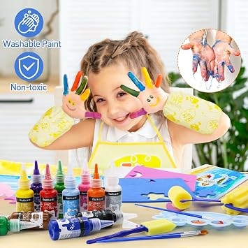 45PCS Kids Washable Finger Paint Kit,12 Colors | Non Toxic Finger Paints,Art Painting Supplies for Toddlers - Paper,Brushes,Sponges,Children Drawing Gifts for Kids Boys Girls