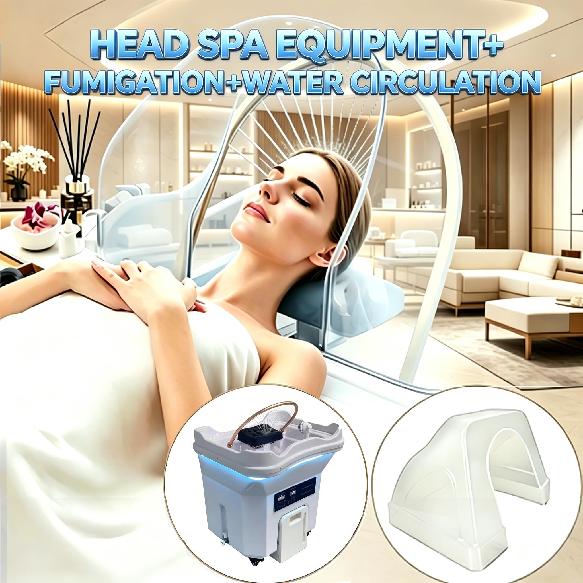 Generisch Neueste Head Spa, Mobiles Waschbecken mit 60L Wassertank und Abwassertank, inkl. Dampfhaube, Verneblung, Phototherapie und 4 Rollen, für Salon und Friseur， Konstanttemperatur-Wasserfall