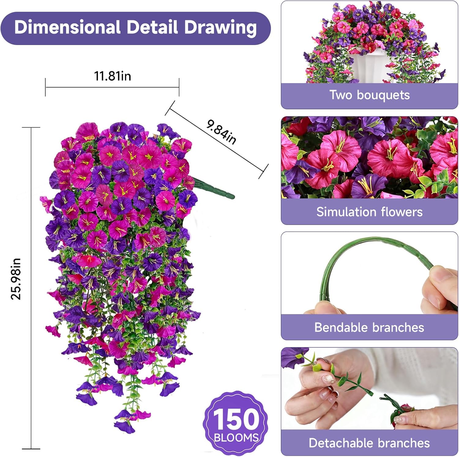 Artificial Hanging Flowers for Outdoors, 4 PCS 600 Blooms UV Resistant Morning Glory Faux Silk Vines, No-Odor Realistic Fake Plants for Garden Planter Porch Patio Decoration, Fuchsia & LightPurple