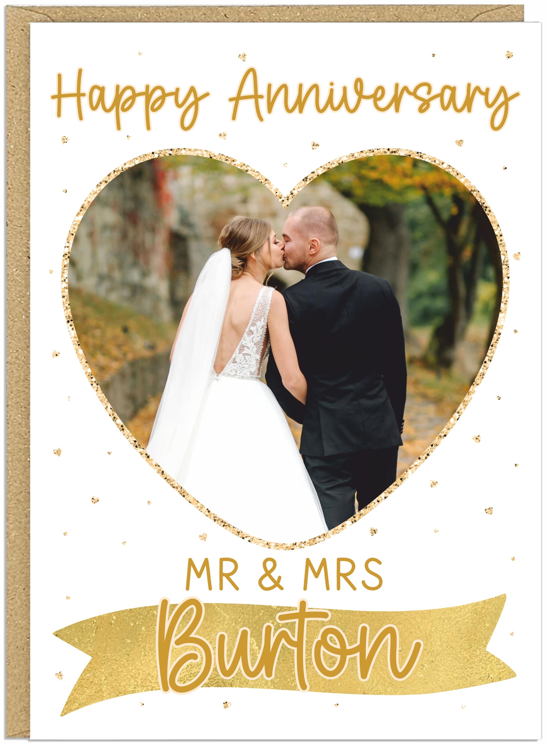 Happy Wedding Anniversary Personalised Cards Custom Mr & Mrs Surname Upload Own Photo Heart Frame Happy Anniversary Keepsake for Couples Husband Wife A5 (Gold)