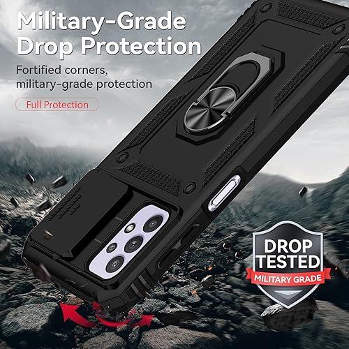 Miniatura 6 de AYMECL Funda para Galaxy A32 5G, A32 5G con cubierta deslizante para cámara y 2 paquetes Flim a prueba de explosiones, soporte de anillo giratorio
