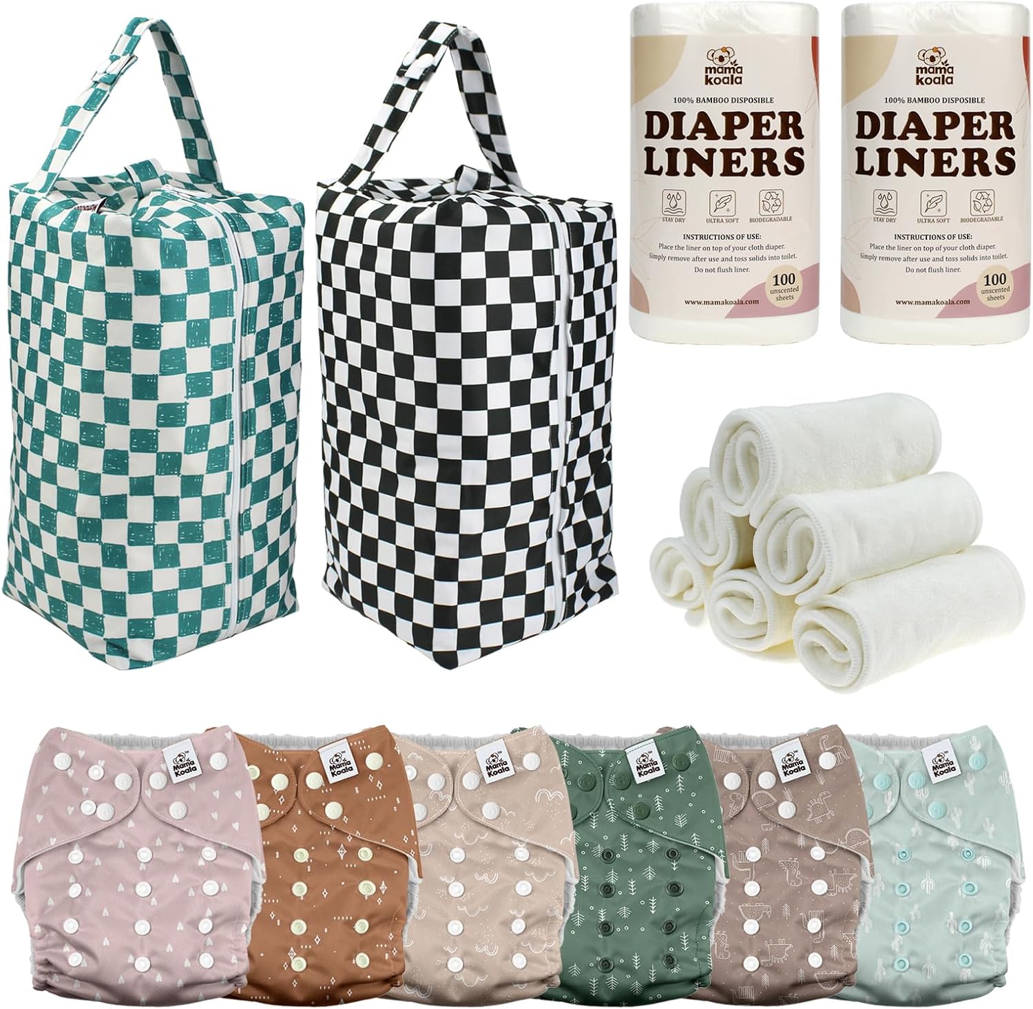 Mama Koala 3.0 Baby Cloth Diapers with 6 Inserts Bundle, with 2 Pack Diaper Pods, and 2 Rolls Natural Liners