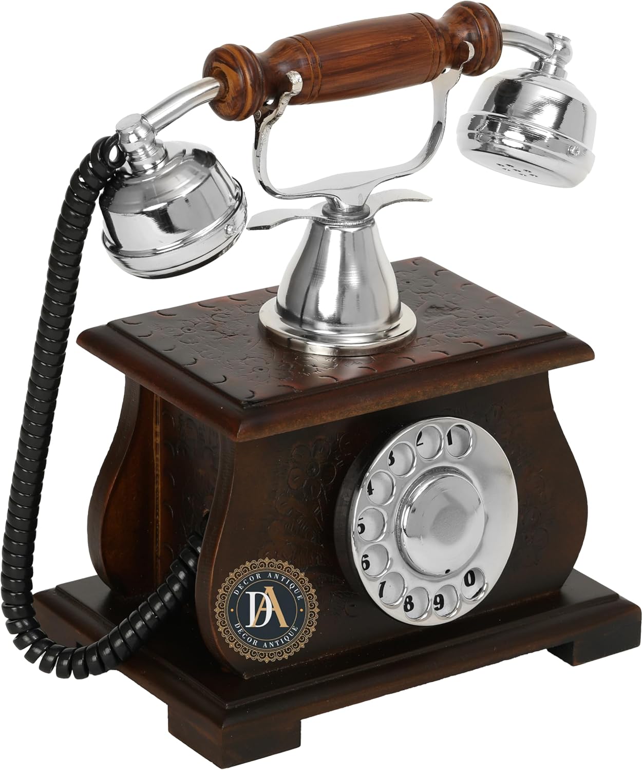 Decorative Antique Rotary Dial Telephone – Wood Base, Brown Nickel Finish (Non-Working)