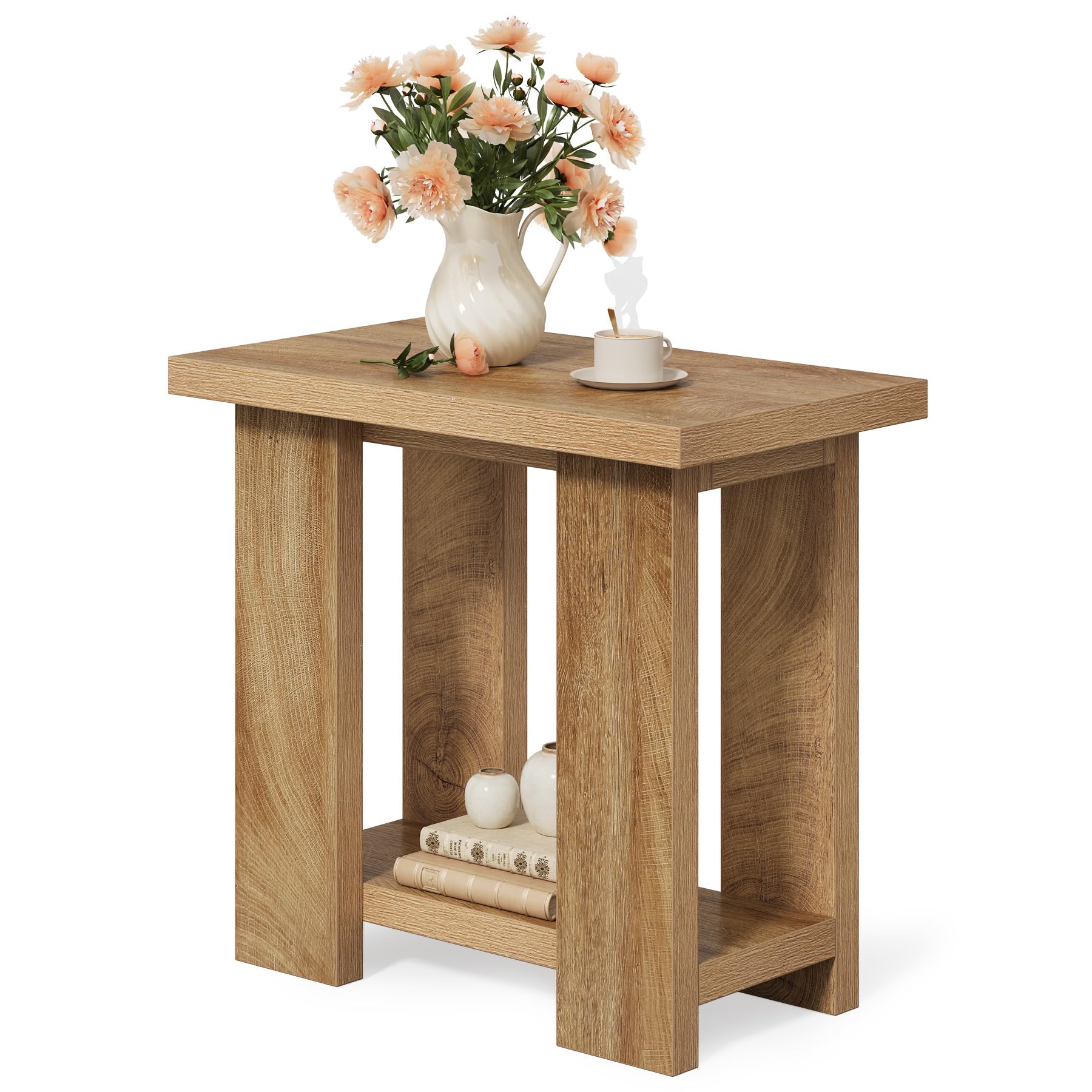 LITTLE TREE 2-Tier Side Table, Set of 2 Farmhouse End Table with Storage Shelves, Small Nightstand Wooden Beside Table Bed Side Table for Small Spaces
