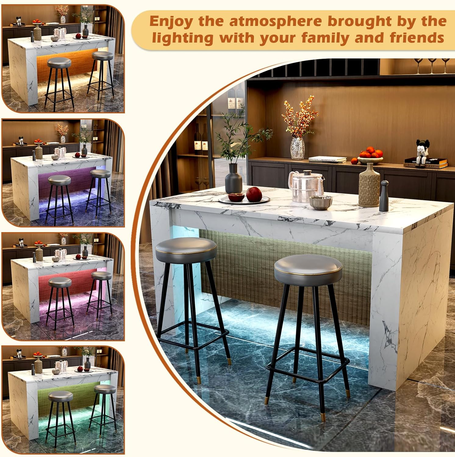 63" Modern Imitation Marble Stripes Kitchen Dining Table, Island Table with Grille Design and LED Lights for 4-6 People, Large Imitation Marble Dining Table for Home Kitchen Living Room.