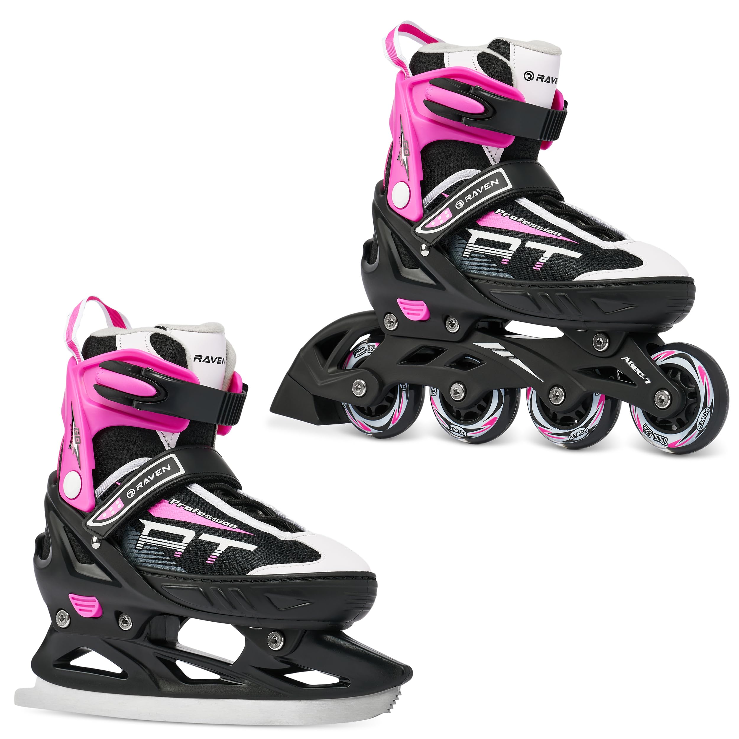 RAVEN Patines en línea, patín de Hielo 2 en 1 Profession Ajustables y modificables Negro/Rosa, 31-35(20,5cm-22,5cm)