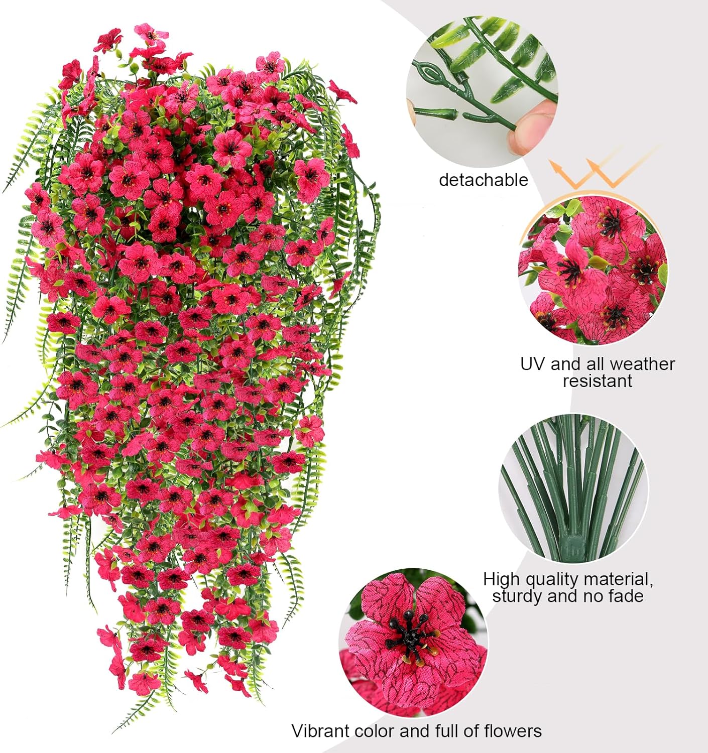 Artificial Hanging Flowers Plants for Outdoors, 3pcs UV & Fade Resistant Fake Daisy Flowers with Boston Fern for Planters, Basket, Window Box, Balcony-Fuchsia