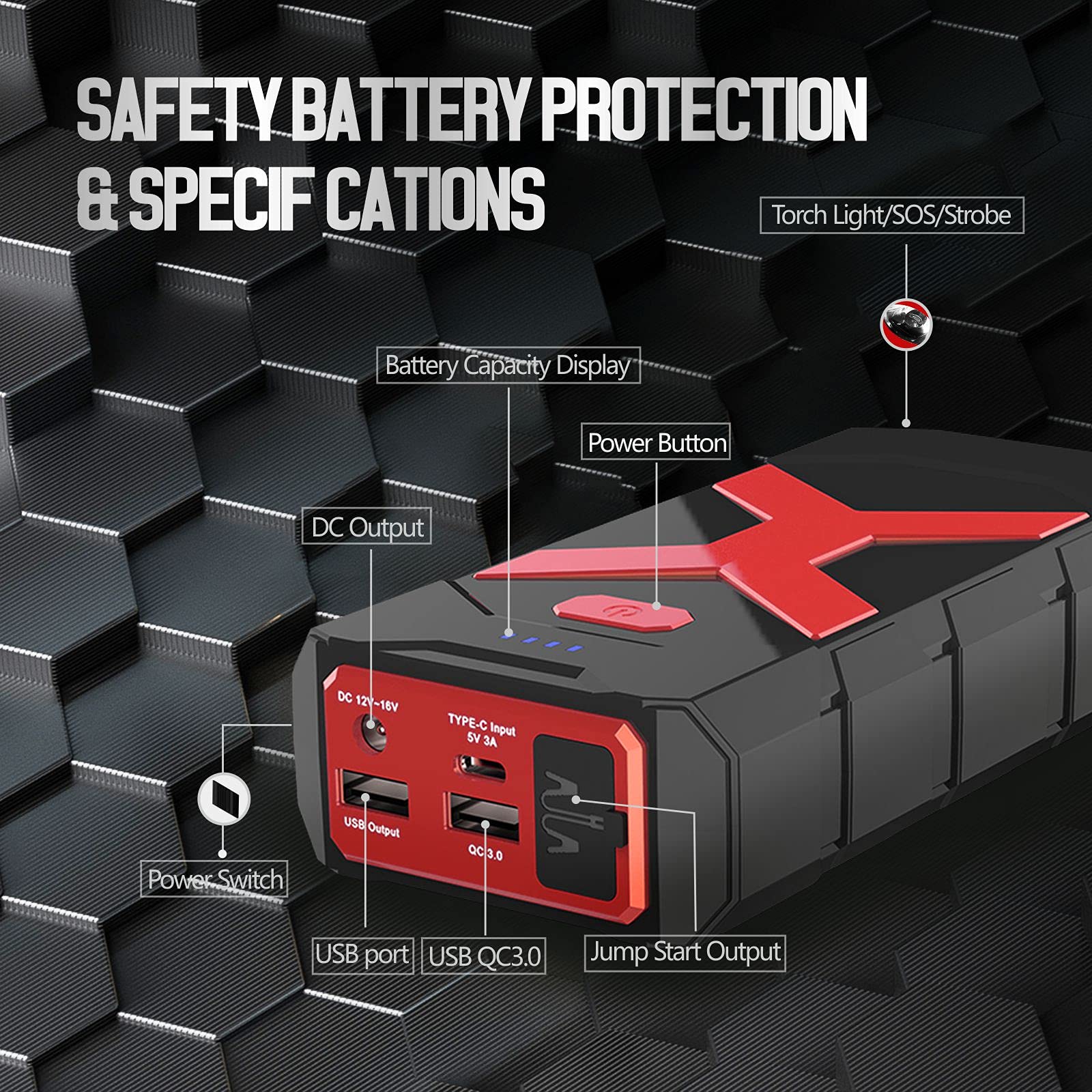 12 V, 1500 A, 6000 MAh, Tragbare Multifunktions-Autobatterie
