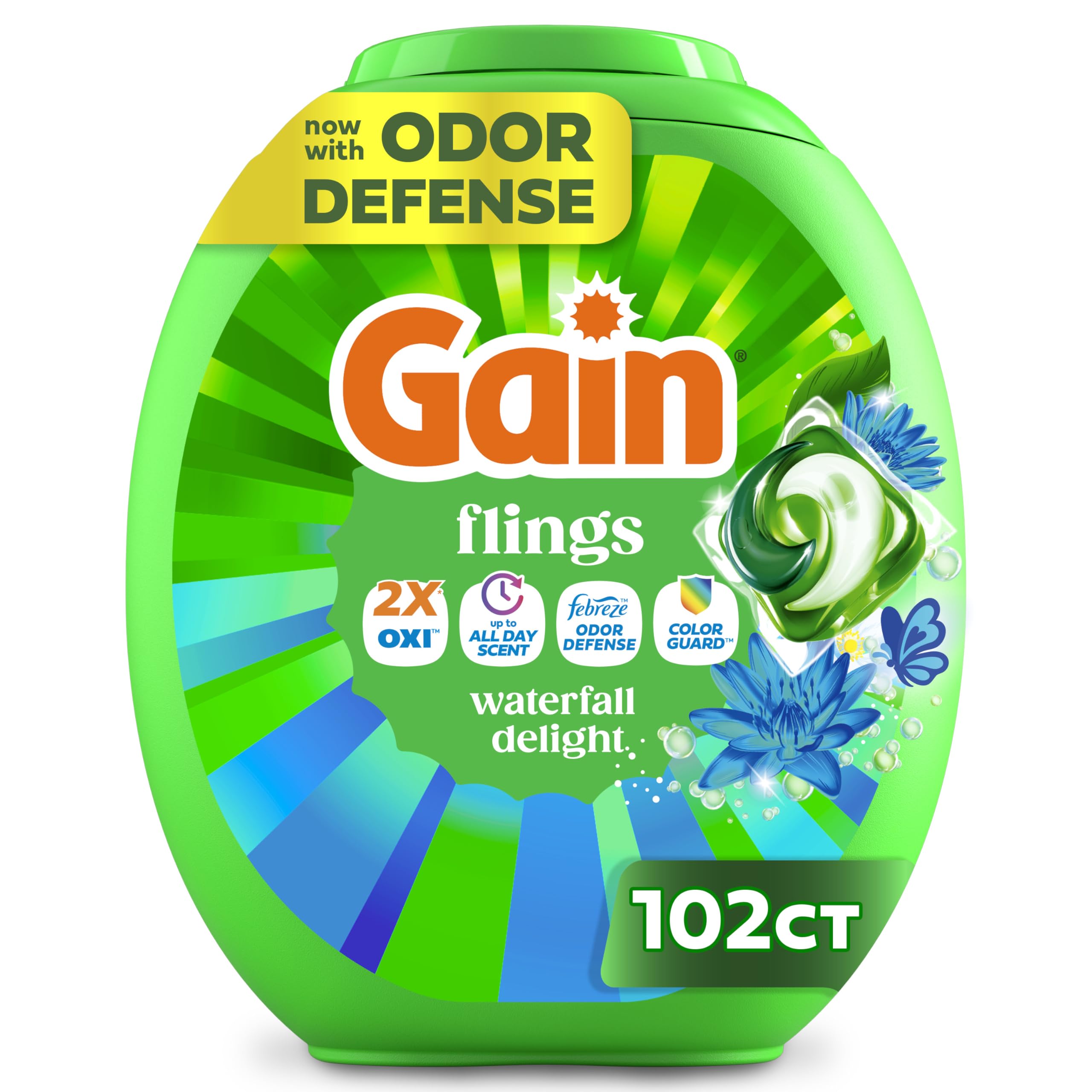 Gain Flings Ultra Oxi Laundry Detergent Pods, Odor Defense + Color Guard, Waterfall Delight Scent, concentrated laundry soap pacs, 102 Count (Packaging May Vary)