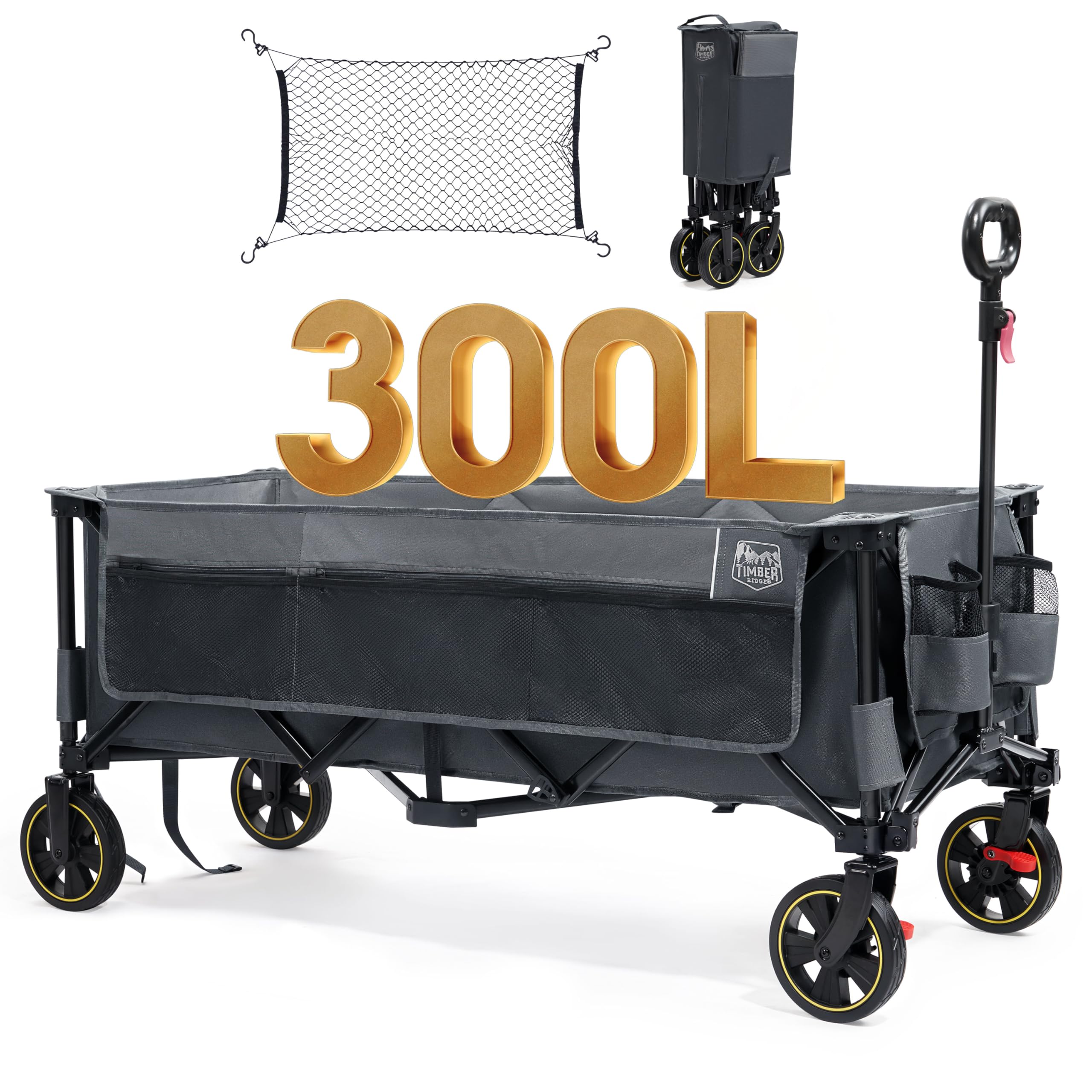 TIMBER RIDGE XXXL Carrello pieghevole 300L 160KG con Freno Reti Anti-Caduta Carrello di Trasporto Tasca Laterale Porta Bevande Maniglia Regolabile Carrello per giardino da spiaggia da campeggio