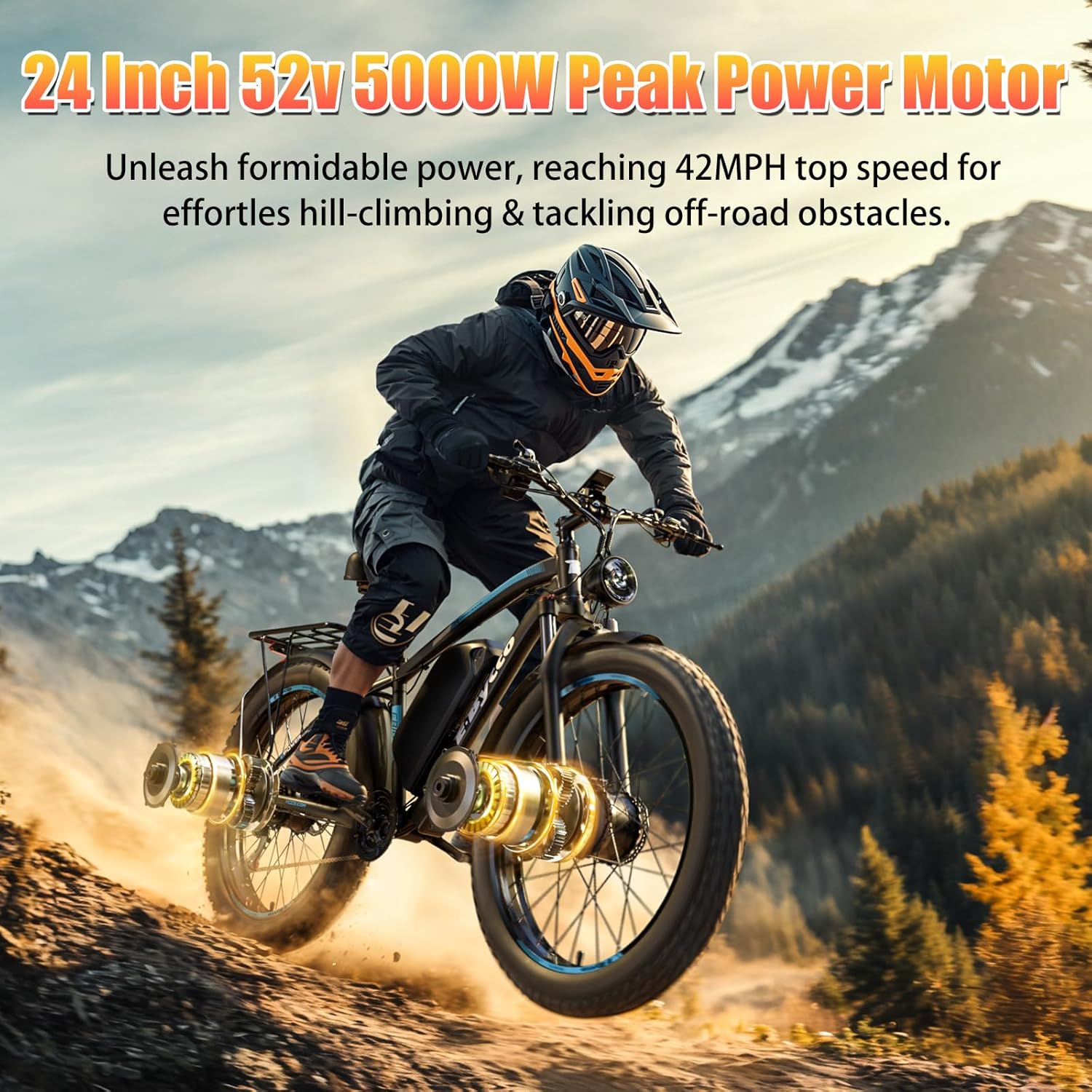 Electric Bike, Max 40-45MPH&100 Miles,5000W Peak Dual Motor Adult E-Bike, 52V 32Ah Battery, 24''/26“ Hydraulic Disc Brakes, Fat Tire All-Terrain Hunting Electric Bike, Front Suspension