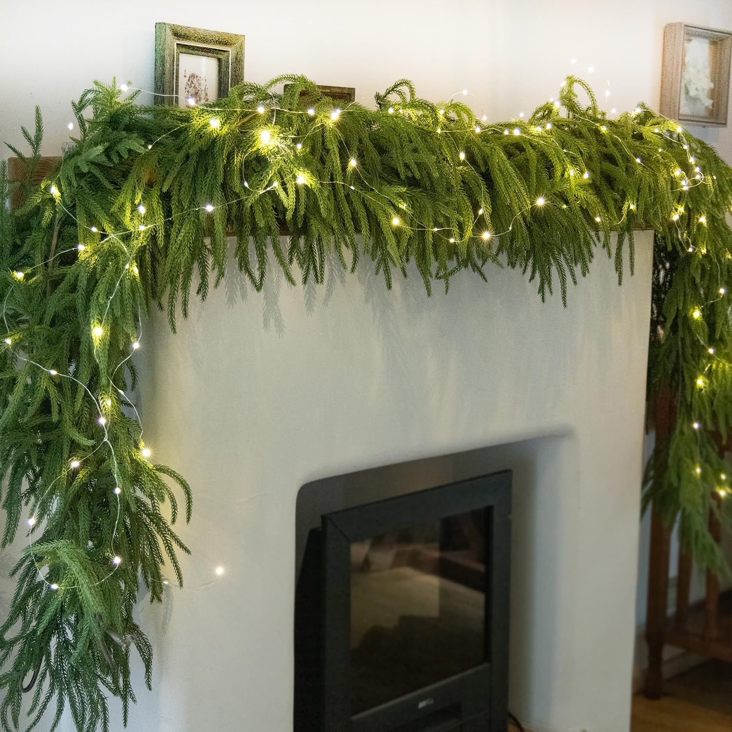 MISSPIN 14ft Christmas Garland with Lights, Real Touch Norfolk Pine Garland, Green Artificial Greenery Garland for Table, Mantle, Wall, Indoor, Outdoor Christmas Decorations - Image 4