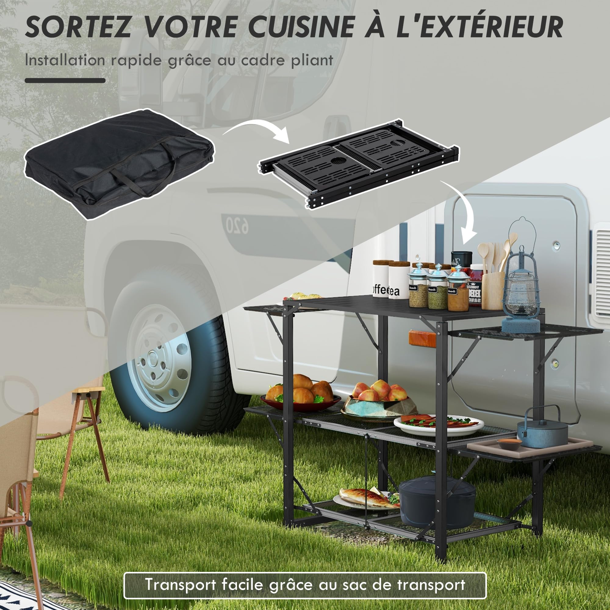 Outsunny Cuisine de Camping Table de Camping Pliante en Acier et Aluminium, avec Sac de Transport, 2 tablettes rabattables, 2 étagères et Porte-gobelets, dim. 126L x 46l x 81H cm