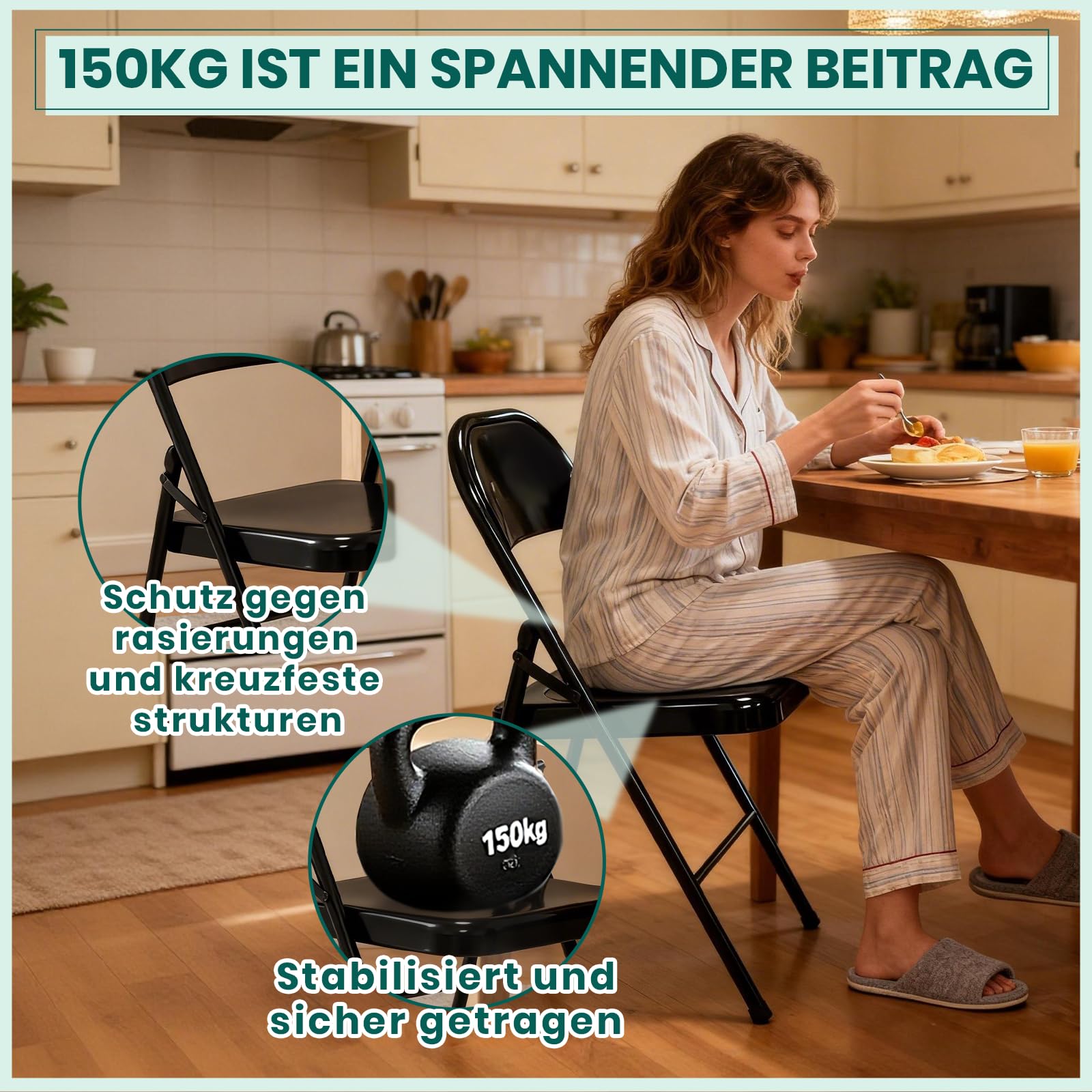 Vollstahl-Klappstuhl 4er Set, Schwerlast-Metallklappstuhl, Ergonomische Rückenlehne, Leicht&platzsparend, Tragfähigkeit 150 kg, Tragbarer Stuhl für Zuhause, Büro, Party, Hochzeit (4, Schwarz)