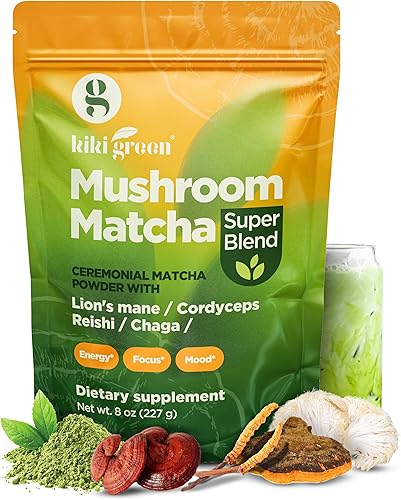 KIKI Green Mushroom Matcha Super Blend  Polvo de matcha con melena de león, Chaga, Reishi, Cordyceps  Alternativa de café de hongos para energía,