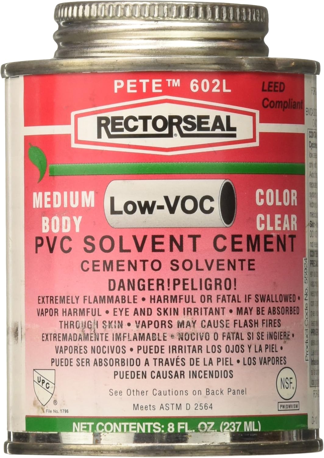Rectorseal 55924 1/2 Pint 602L Medium Body Low Voc Pvc Solvent Cement