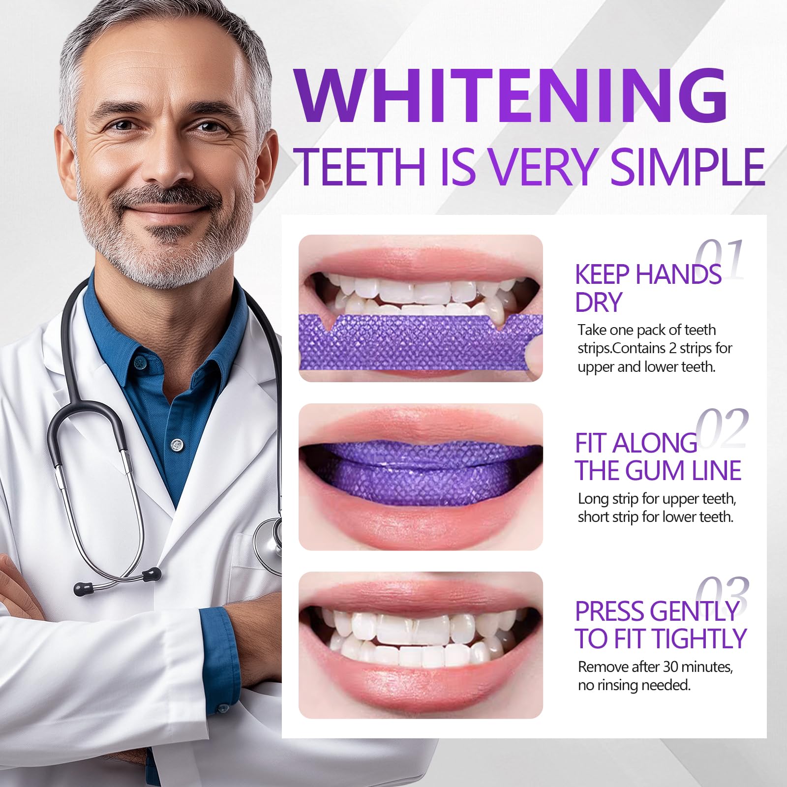 14 Piezas Tiras Blanqueadoras Moradas, Tiras Blanqueadoras Antideslizantes, Strips Profesionales De Blanqueamiento De Dientes, Para El Café Y Otras Manchas, Ilumina La Sonrisa — view 4
