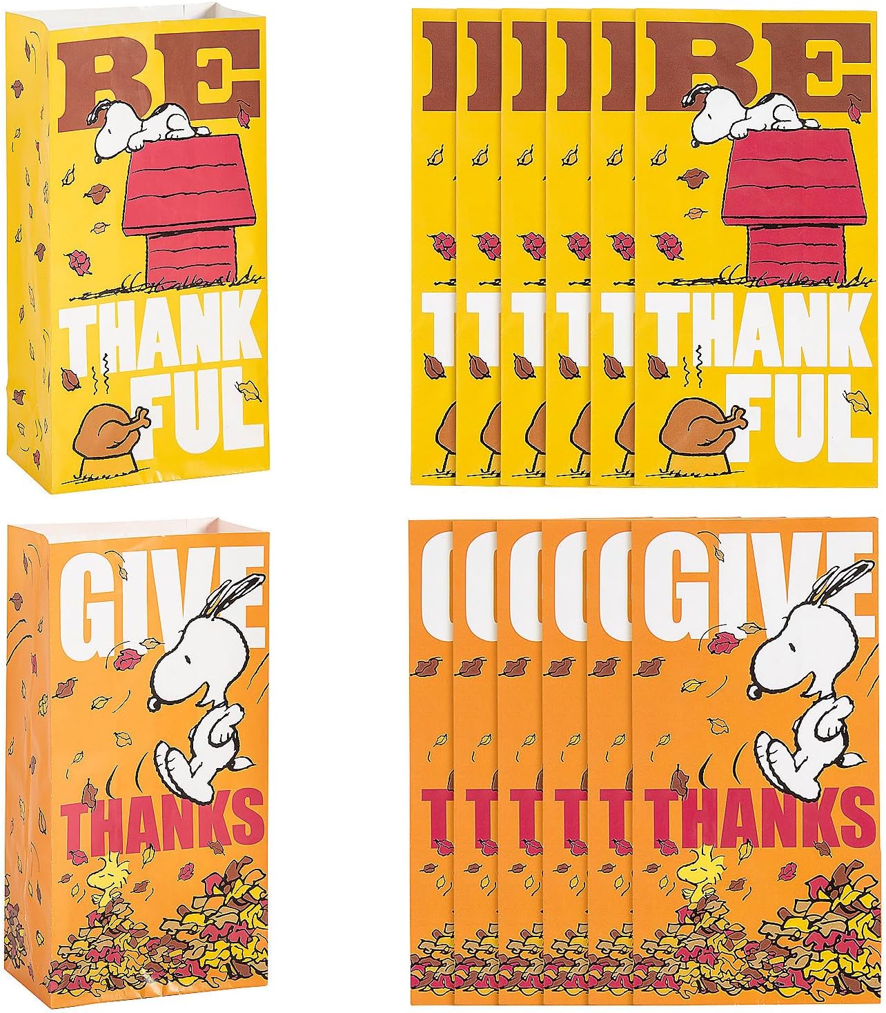 5 1/4" x 10" Peanuts Snoopy & Woodstock Thanksgiving Paper Treat Bags - 12 Pc.