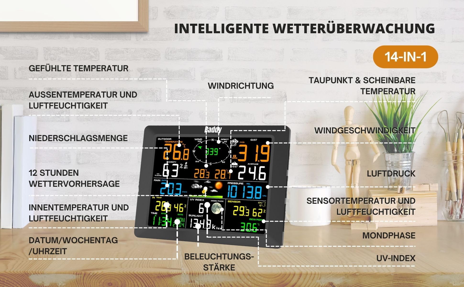 Raddy WF-100C Wetterstation mit Außensensor Funk, 14-IN-1 digitales Wlan Innen-Außenthermometer mit Regenmesser, Luftfeuchtigkeit, Windmesser für Zuhause, Büro & Schlafzimmer in Geschenkbox