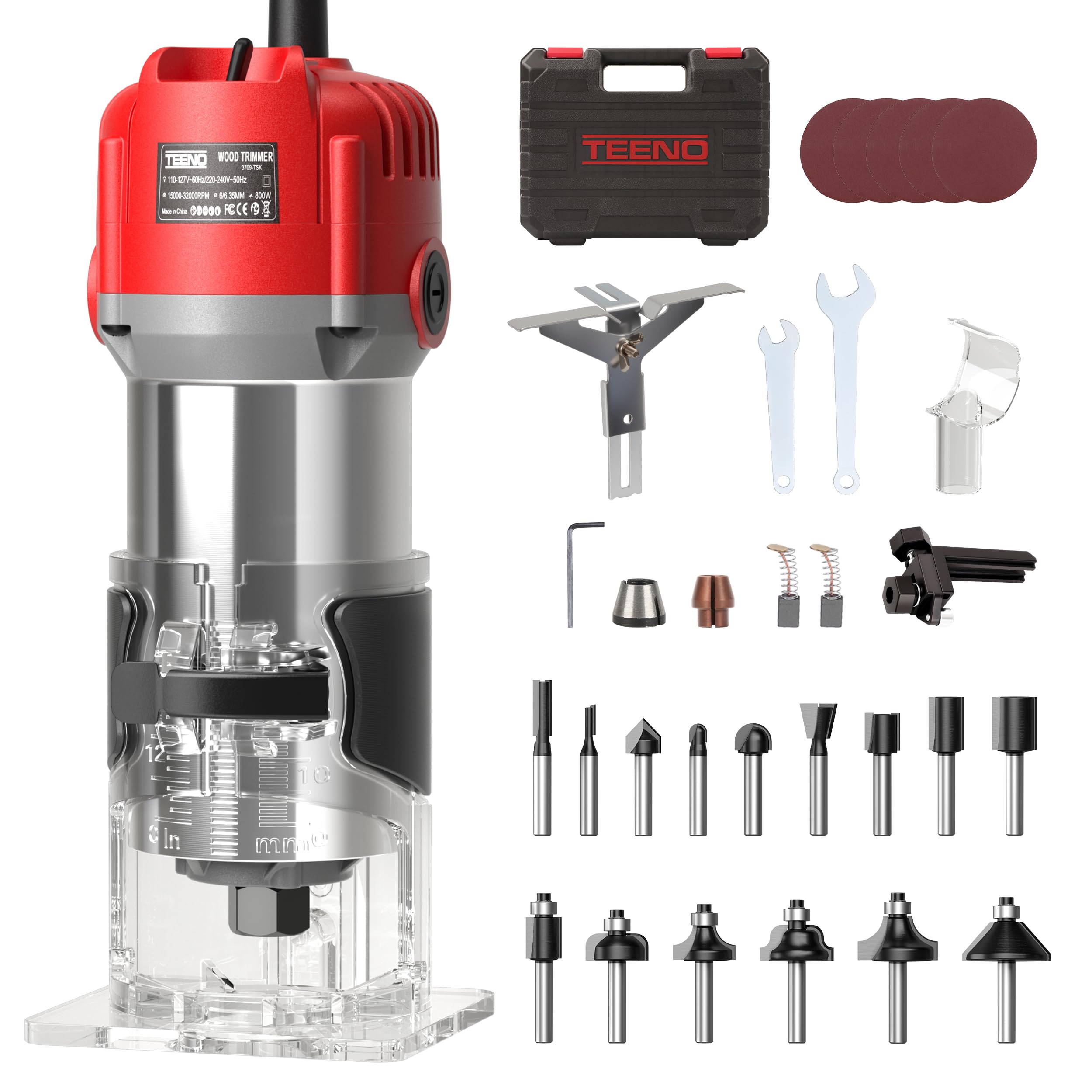 TEENO Rifilatore Fresatrice Verticale per Legno 800W 15000-32000 RPM, 6 Velocità Variabili Legno Rifilatrice Elettrica,32 Accessori,15 pezzi 1/4" Fresatura Cuter, Mandrino 6/6.35,SCATOLA DI PLASTICA