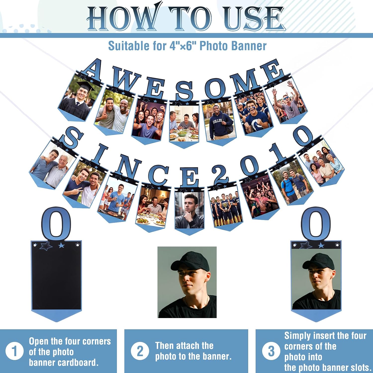 Epakh Pre-strung Awesome Since 2010 16th Birthday Photo Banner, Black Blue in 2010 Paper Milestone Decor, 4x6 Photo Display for Boy 16th Birthday Party Supplies image 3