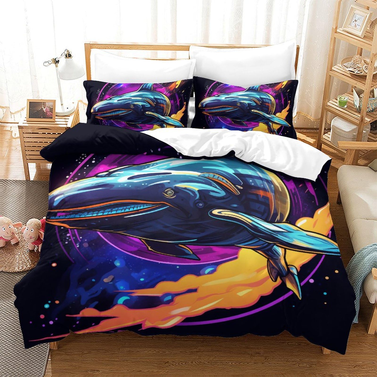Housse de couette moderne requin 3D doux parure de lit king 3 pièces avec fermeture éclair 220x240