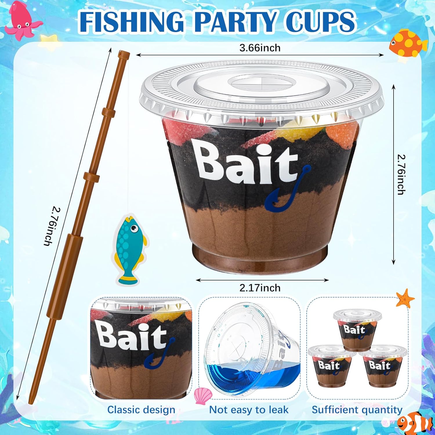 Vesici 25 Set Fishing Party Favors 9 oz Bait Cups with Lids Fish Pole Decoration Clear Mini Plastic Bait Cups for Drinks Desserts Fishing Birthday Party Favors Supplies Baby Shower Decorations